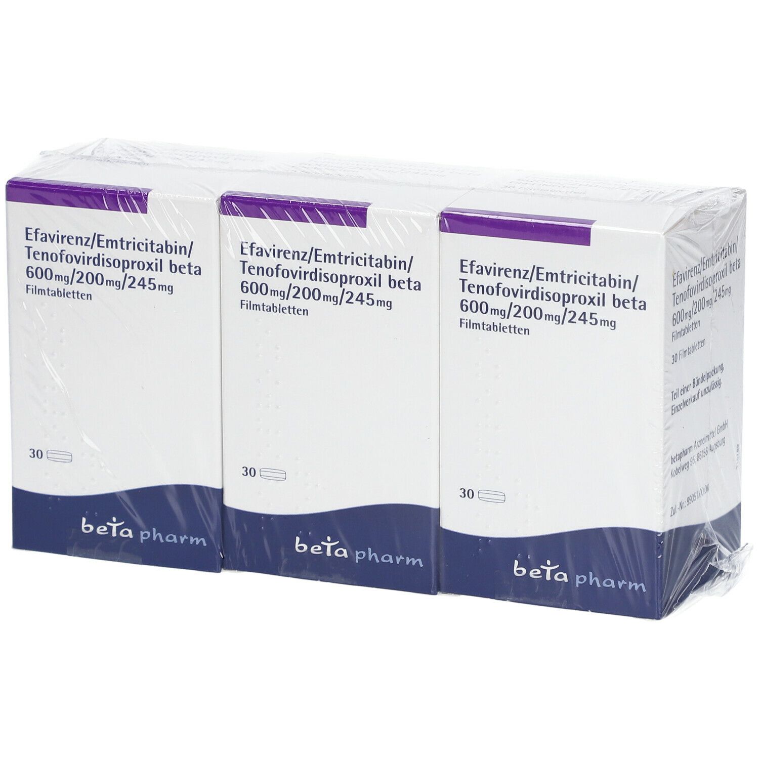 Drei Packungen Efavirenz/Emtricitabin/Tenofovirdisoproxil beta, 600mg/200mg/245mg, in Folie verpackt. Jede Packung enthält 30 Filmtabletten.