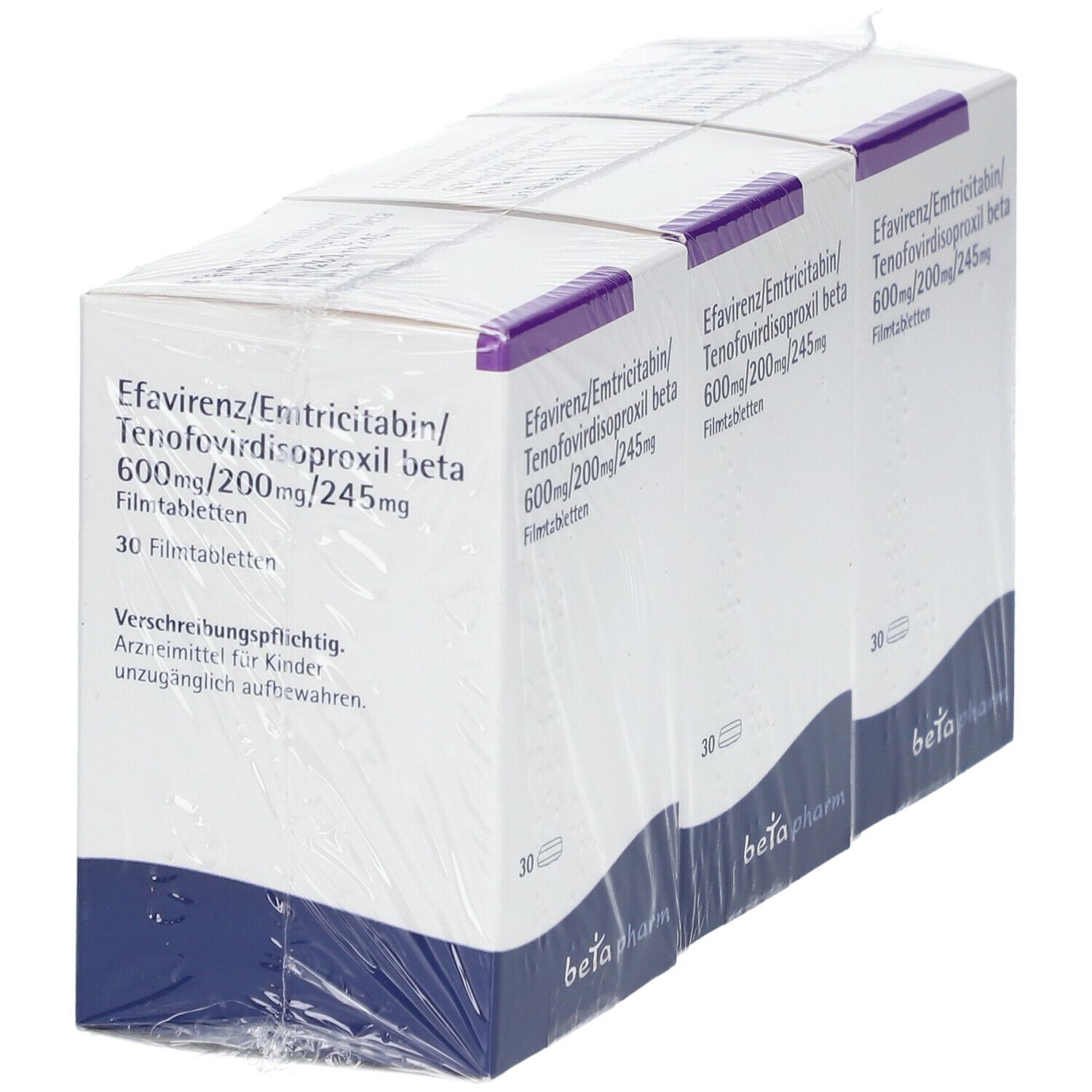 Zwei Packungen Efavirenz/Emtricitabin/Tenofovirdisoproxil beta, 600mg/200mg/245mg, in Folie verpackt. Jede Packung enthält 30 Filmtabletten. Marke: beta pharm.