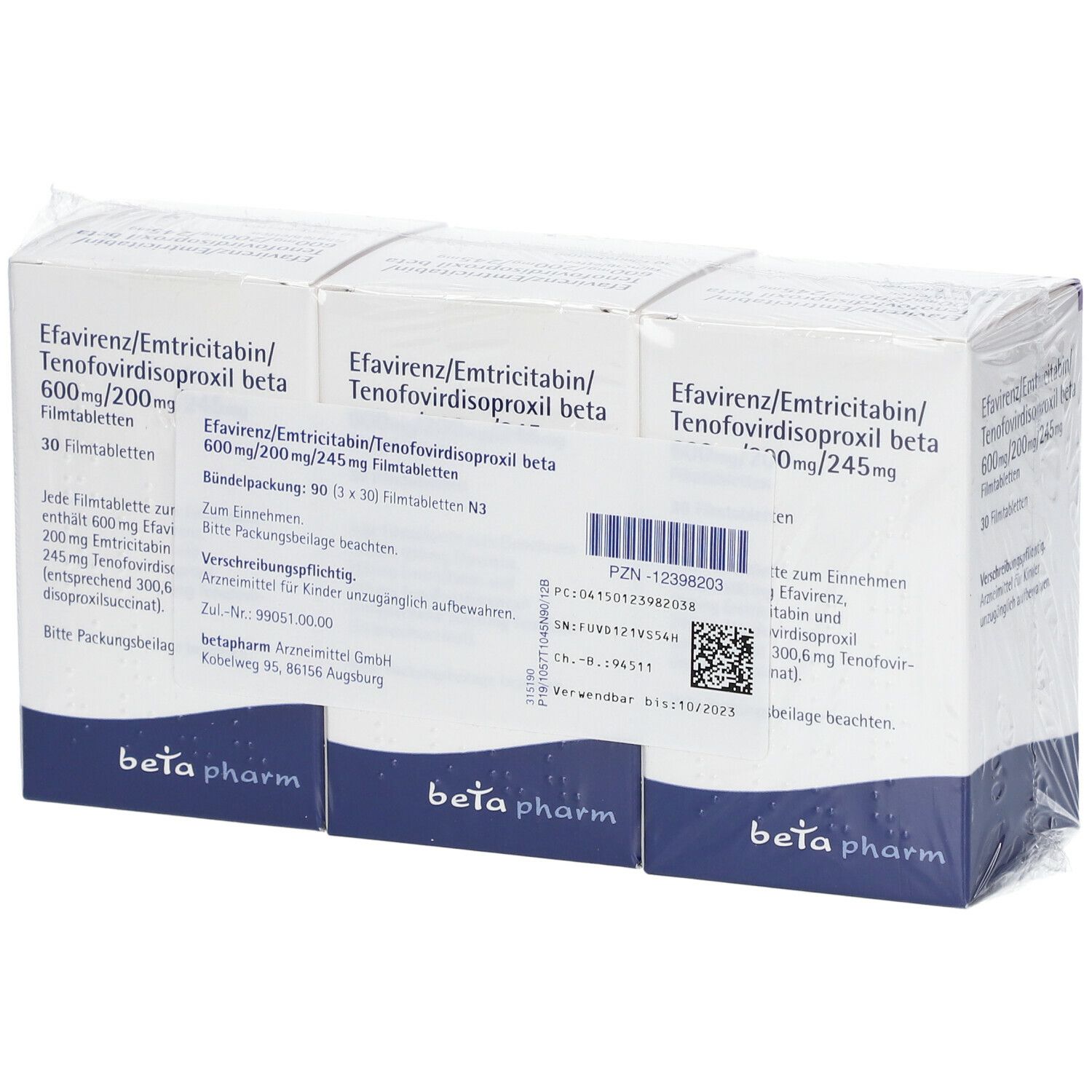 Drei Packungen Efavirenz/Emtricitabin/Tenofovirdisoproxil beta, 600mg/200mg/245mg, in Folie verpackt. Rückseite mit Text und Barcode. Marke: beta pharm.