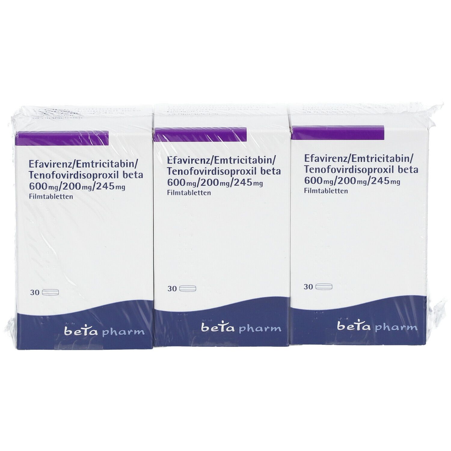 Drei Packungen Efavirenz/Emtricitabin/Tenofovirdisoproxil beta, 600mg/200mg/245mg, in Folie verpackt. Jede Packung enthält 30 Filmtabletten. Marke: beta pharm.