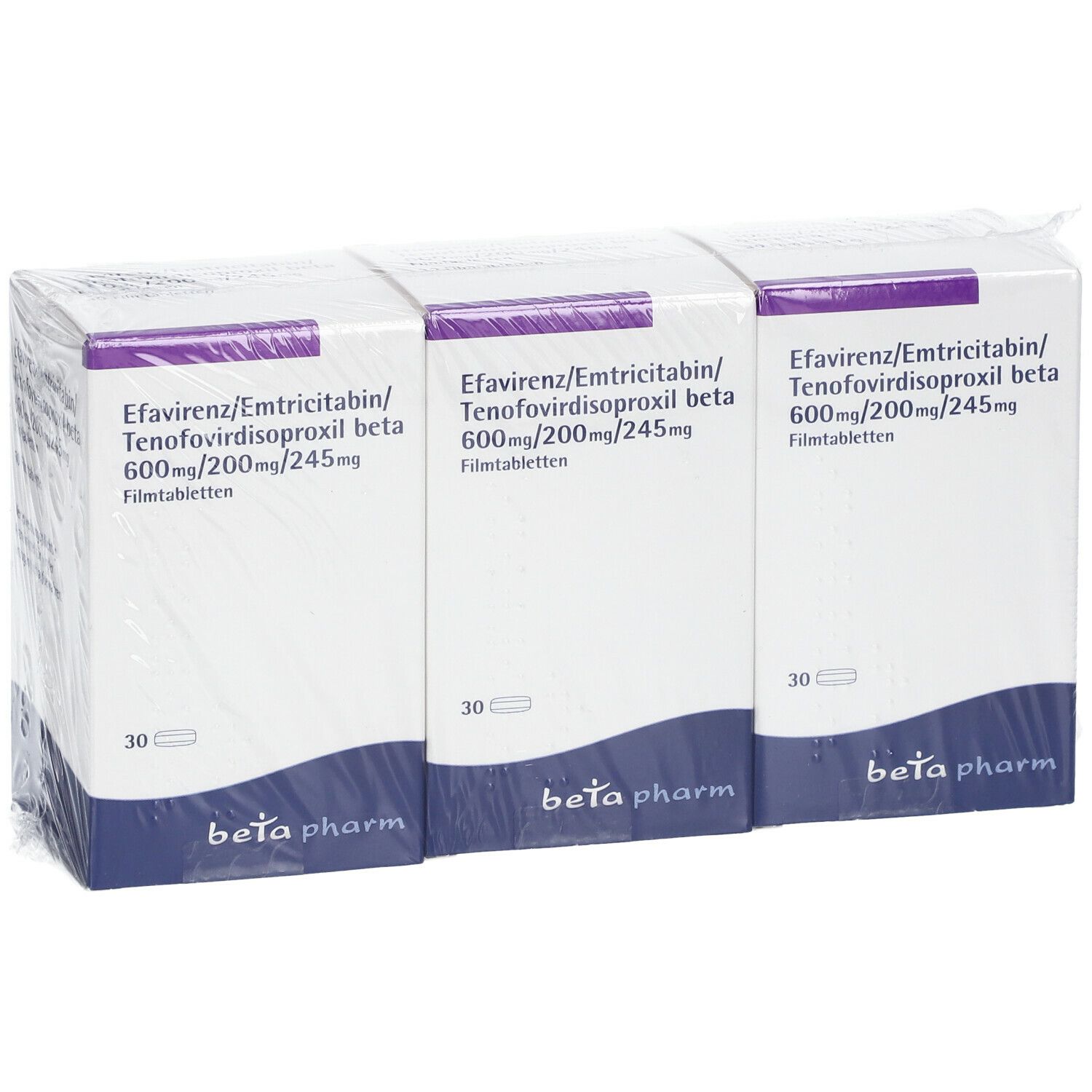 Drei Packungen Efavirenz/Emtricitabin/Tenofovirdisoproxil beta, 600mg/200mg/245mg, in Folie verpackt. Jede Packung enthält 30 Filmtabletten. Marke: beta pharm.