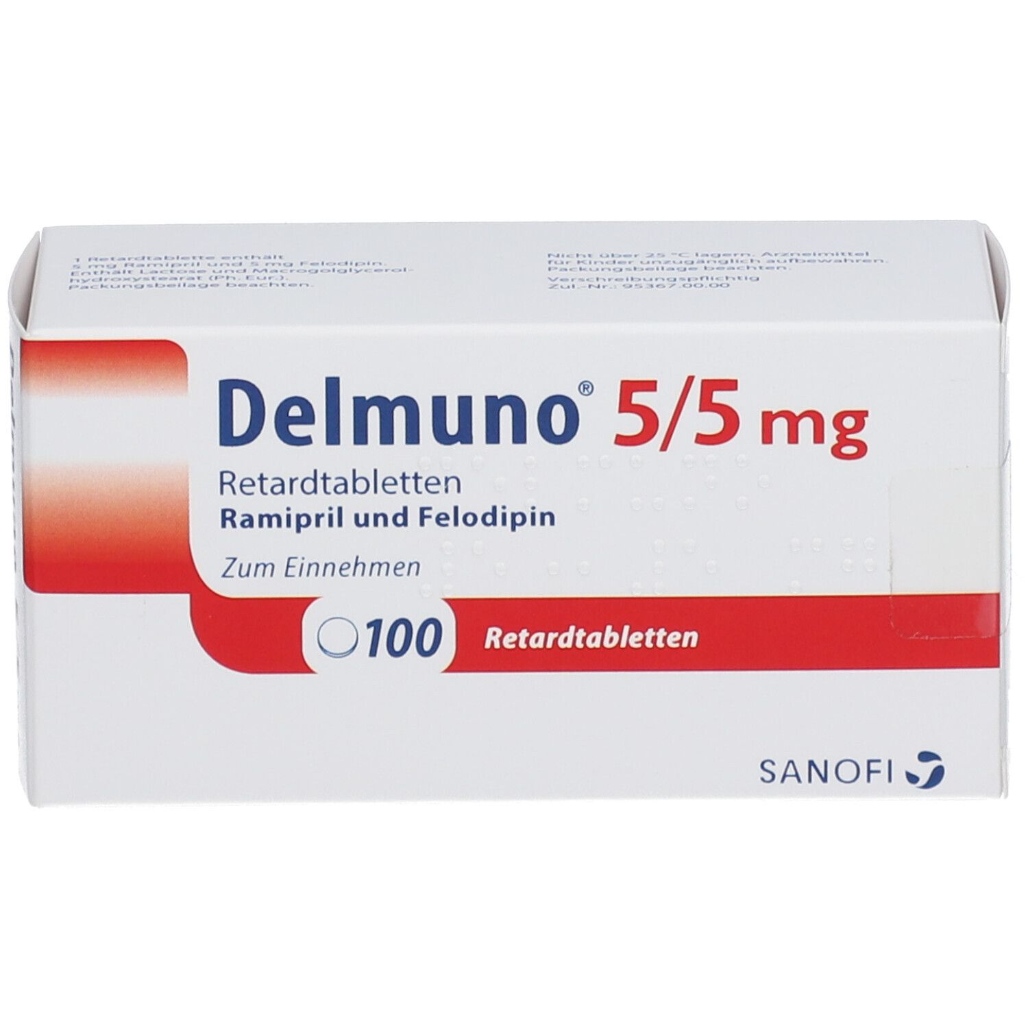 Weiße Schachtel mit rotem Akzent. Aufschrift: Delmuno 5/5 mg, Retardtabletten, 100 Tabletten. Sanofi Logo. Draufsicht.