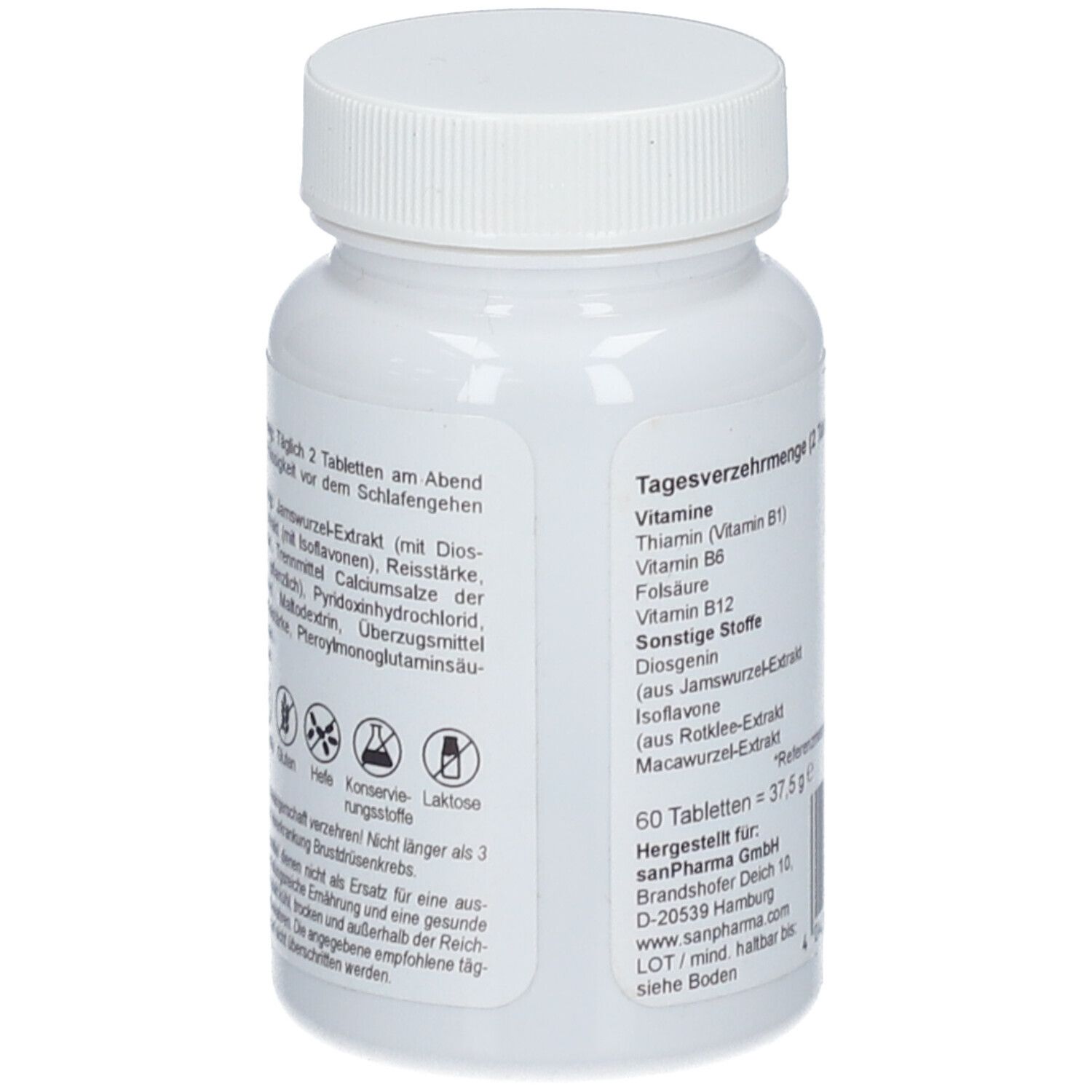 Weiße Flasche mit Schraubverschluss. Rückseite mit Inhaltsstoffen und Verzehrempfehlung. Enthält u.a. Yamswurzel-Extrakt, Isoflavone.