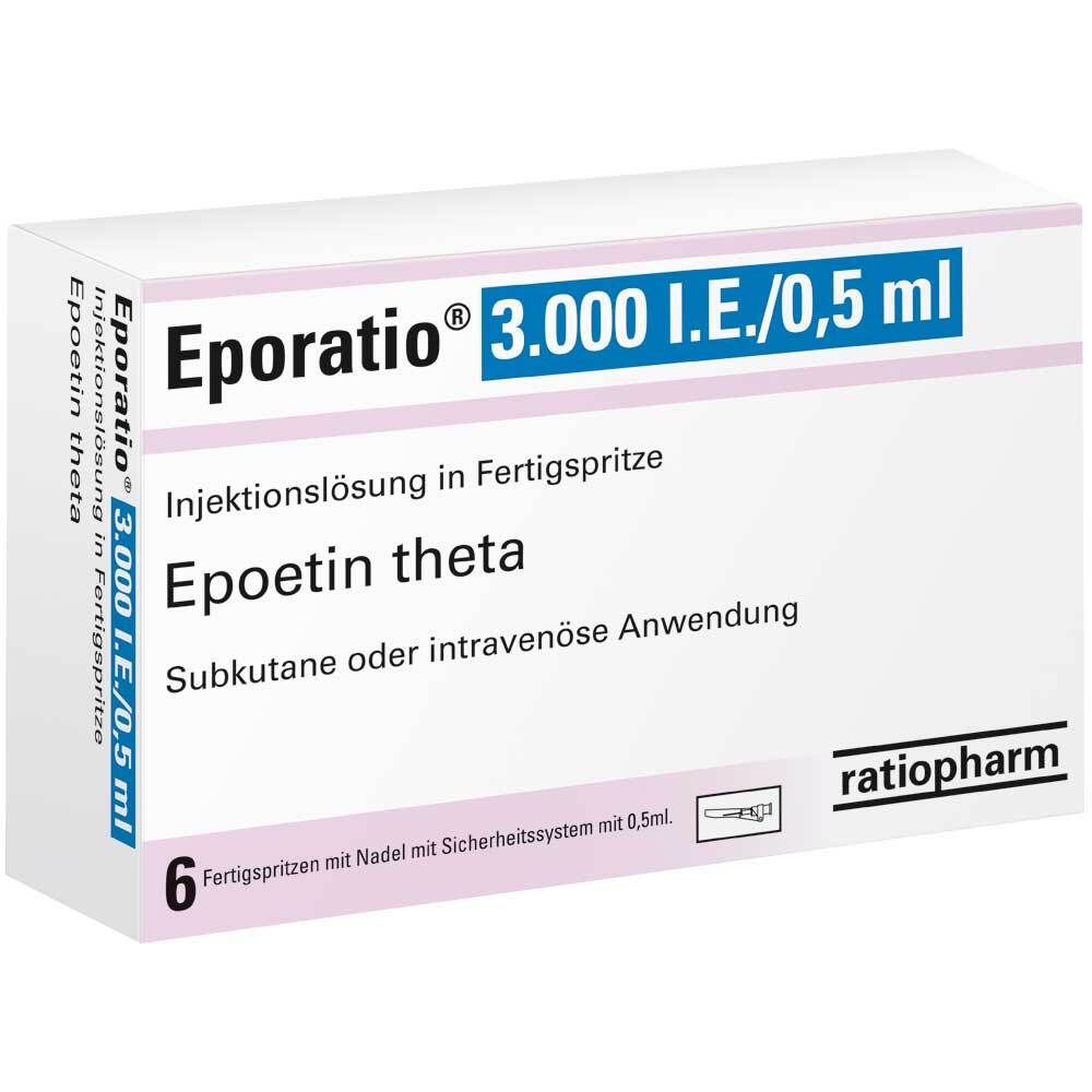 Karton mit EPORATIO 3.000 I.E./0,5 ml. Aufschrift: Epoetin theta, Injektionslösung in Fertigspritze. 6 Fertigspritzen.