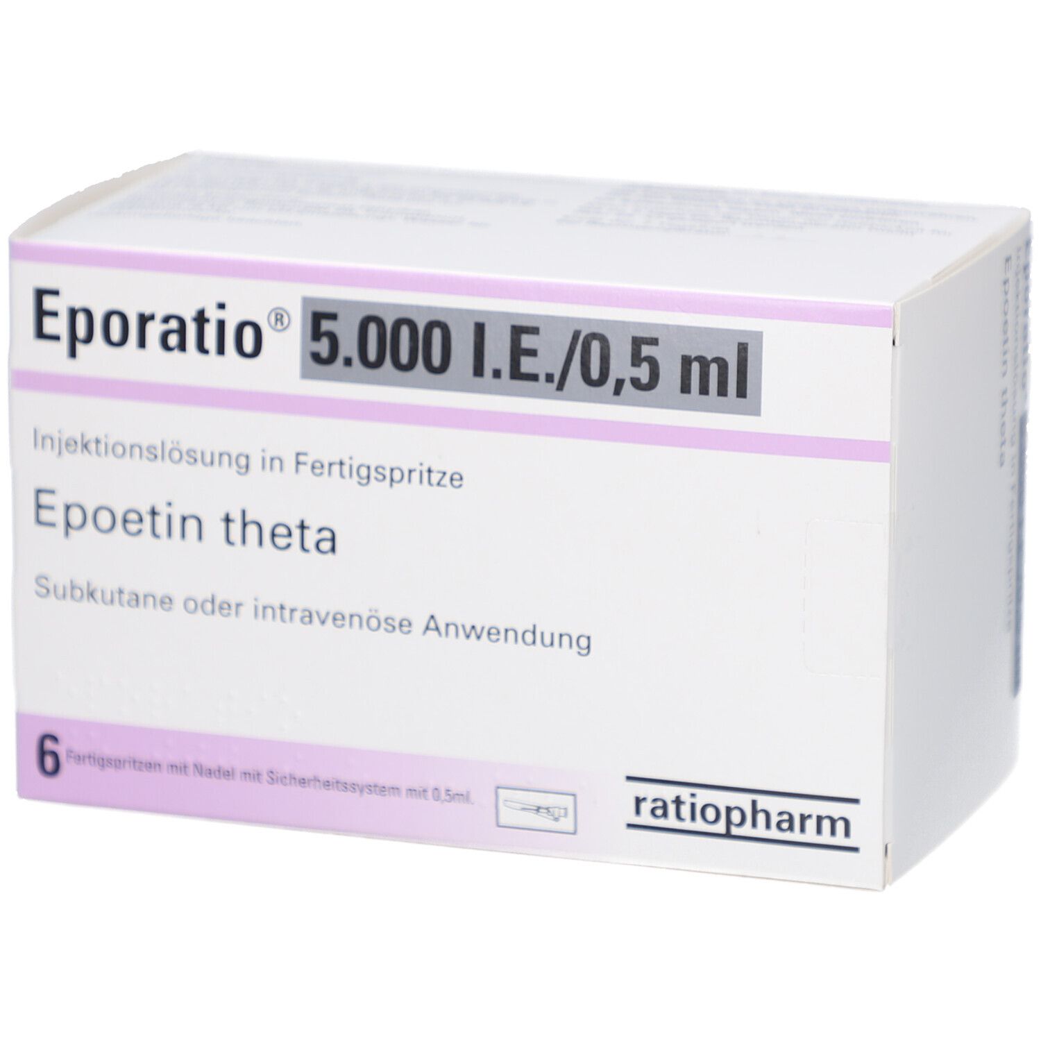 Weißer Karton mit Aufschrift Eporatio 5.000 I.E./0,5 ml. Enthält 6 Fertigspritzen. Marke: ratiopharm.