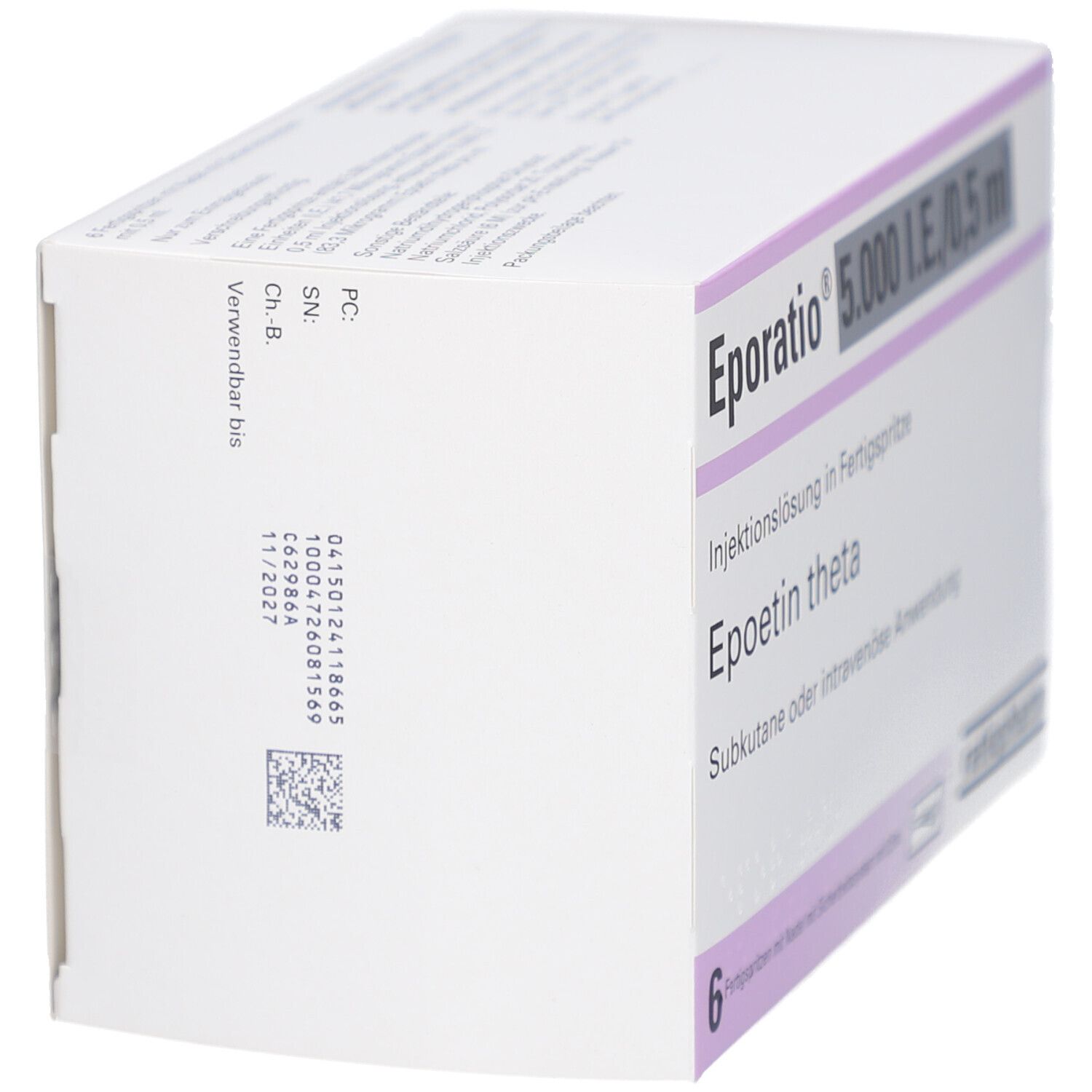 Karton von Eporatio 5.000 I.E./0,5 ml. Aufdruck mit Chargennummer und Verfallsdatum 11/2027. Marke: ratiopharm.