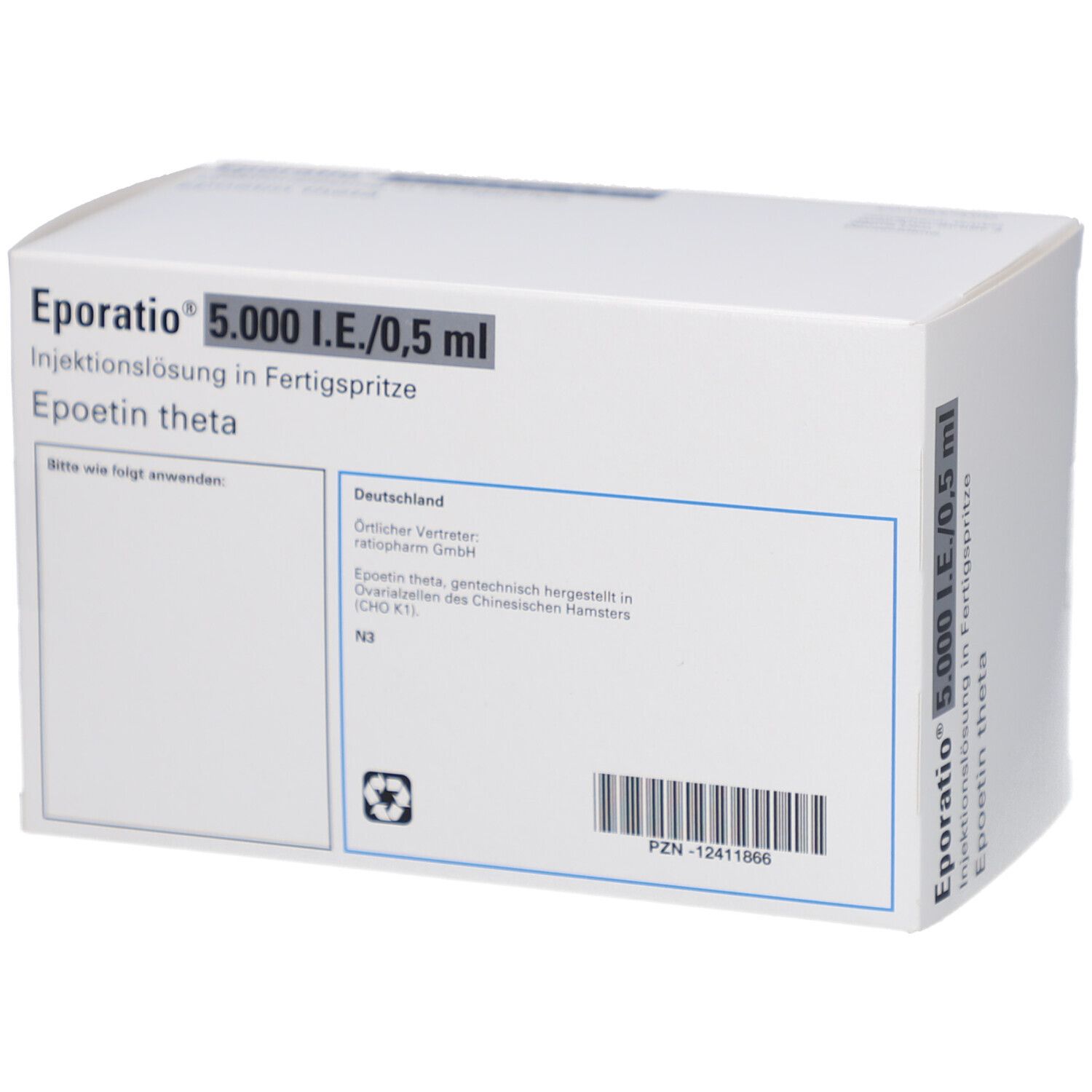 Karton von Eporatio 5.000 I.E./0,5 ml. Aufdruck mit Produktinformationen und Barcode. Marke: ratiopharm.