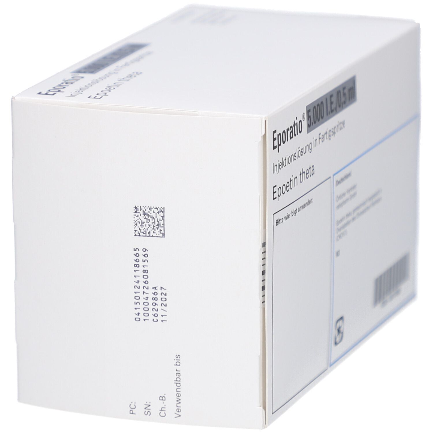 Karton von Eporatio 5.000 I.E./0,5 ml. Aufdruck mit Chargennummer und Verfallsdatum 11/2027. Marke: ratiopharm.
