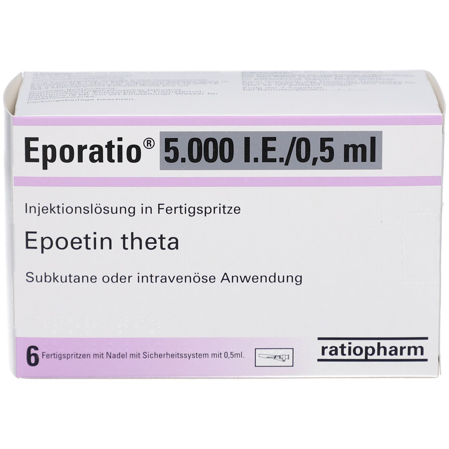 Weißer Karton mit Aufschrift Eporatio 5.000 I.E./0,5 ml. Enthält 6 Fertigspritzen. Marke: ratiopharm.