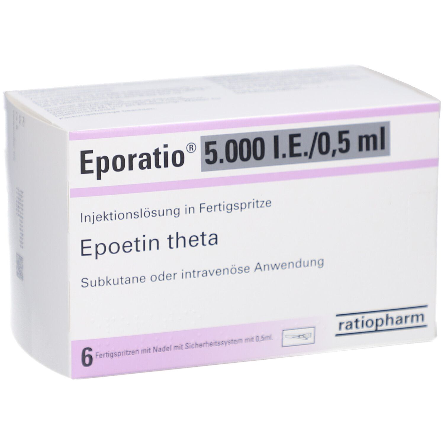 Weißer Karton mit Aufschrift Eporatio 5.000 I.E./0,5 ml. Enthält 6 Fertigspritzen. Marke: ratiopharm.