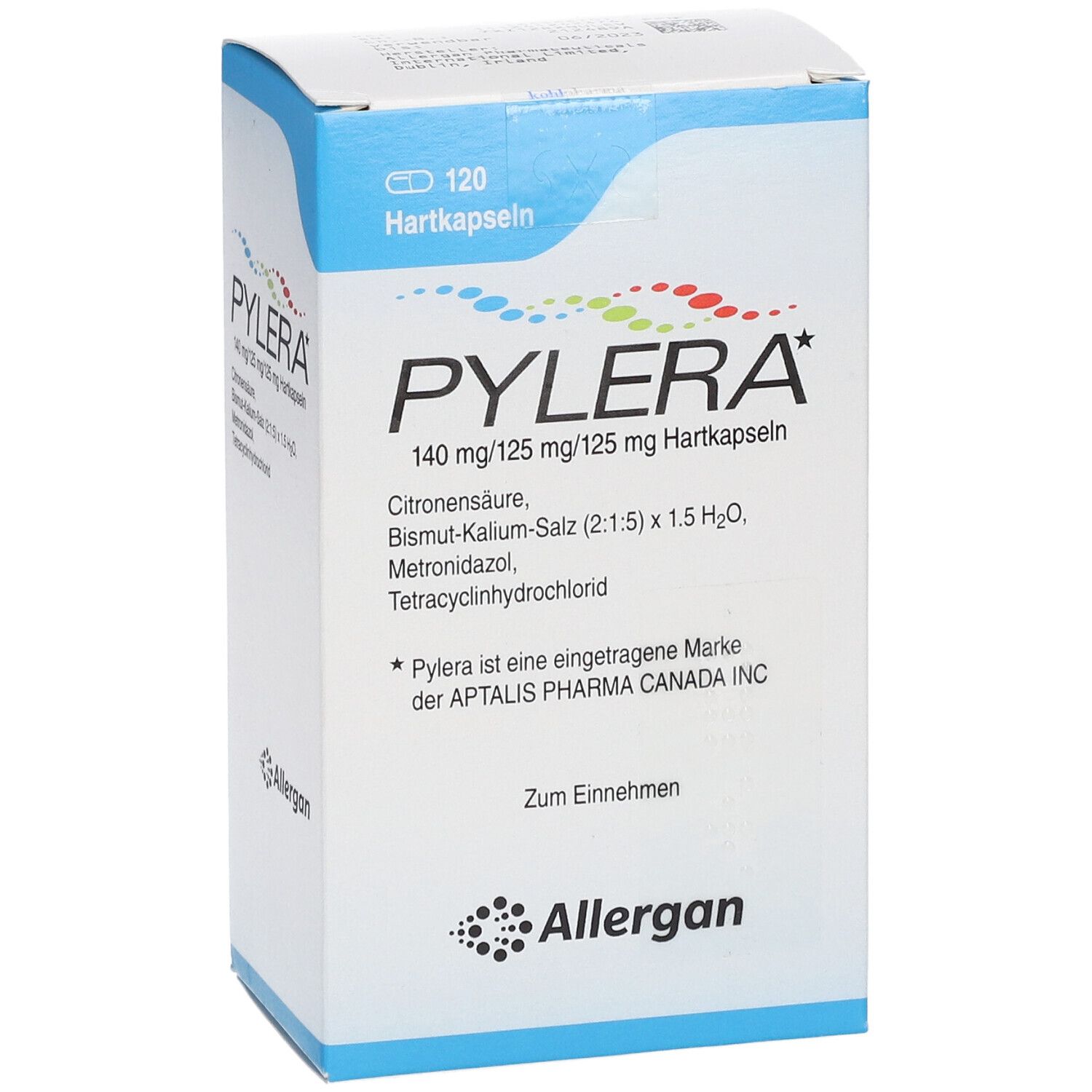 Pylera-Verpackung, 120 Hartkapseln. Blaue und weiße Schachtel mit Produktnamen und Inhaltsstoffen. Allergan-Logo.