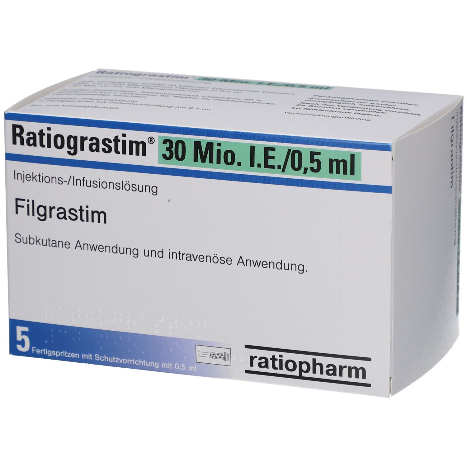 Karton Ratiograstim 30 Mio.I.E./0,5 ml. Filgrastim. 5 Fertigspritzen. Weiß, blau und grün. Text auf Deutsch.