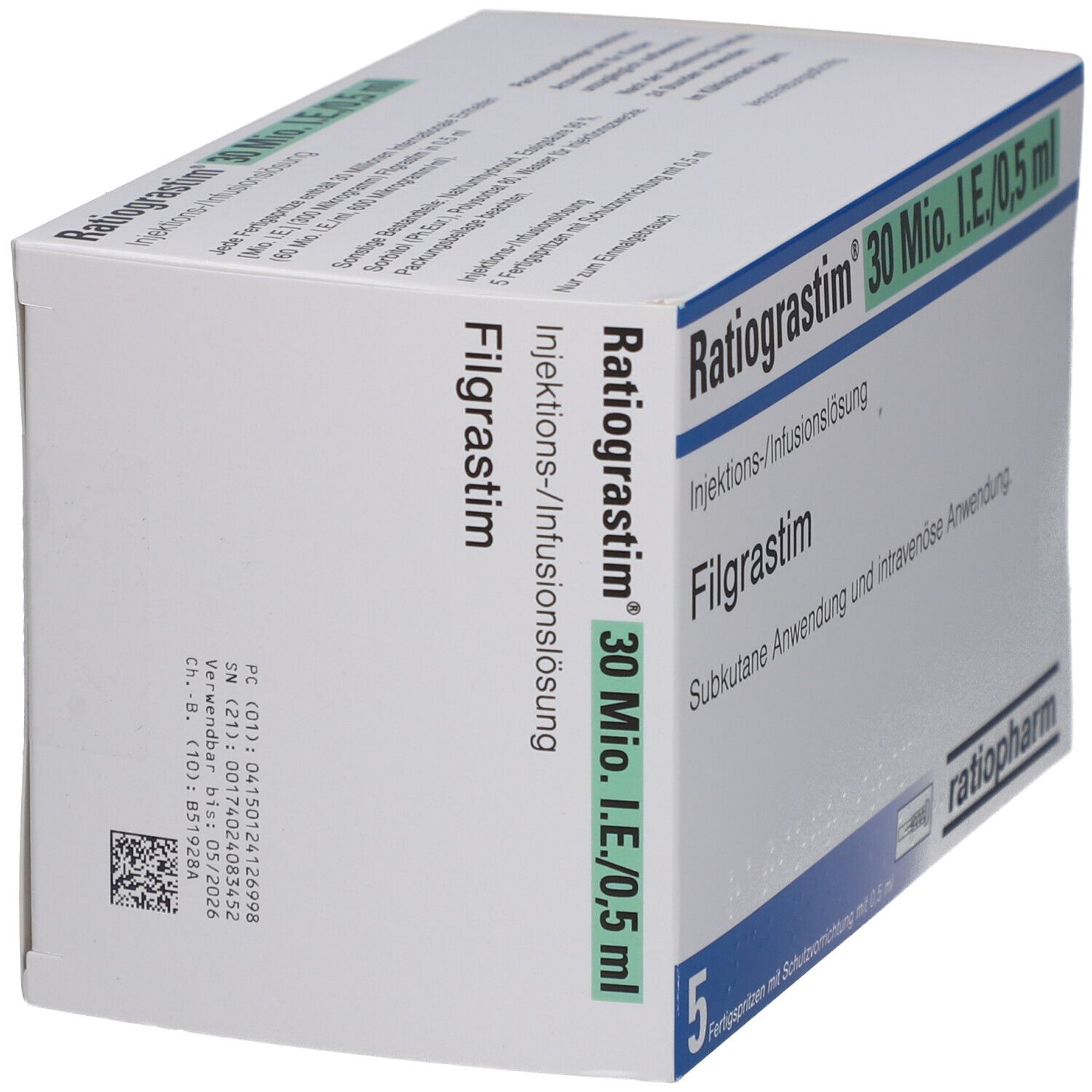 Schräg gestellte Verpackung Ratiograstim 30 Mio.I.E./0,5 ml. Filgrastim. 5 Fertigspritzen. Weiß, blau und grün. Text auf Deutsch.