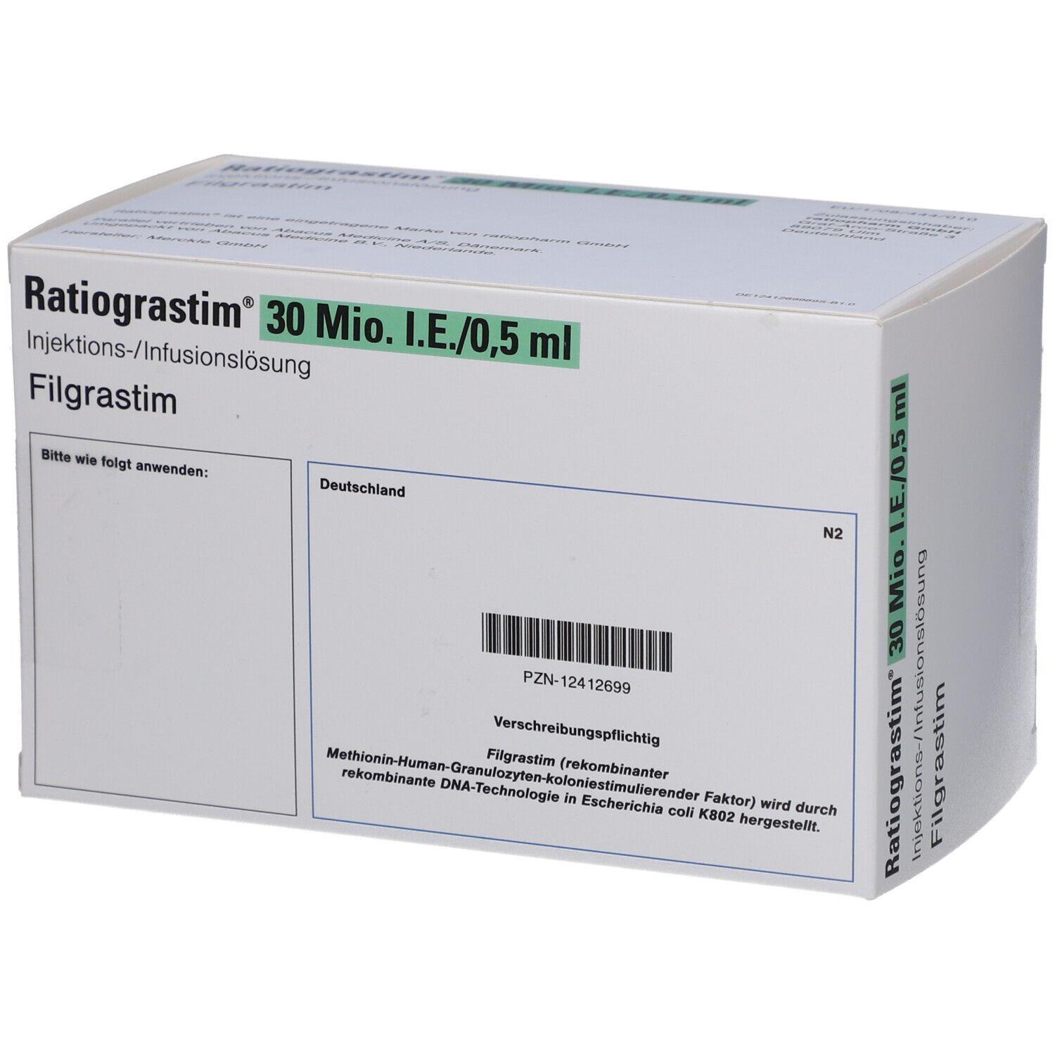 Verpackung Ratiograstim 30 Mio.I.E./0,5 ml. Filgrastim. Text auf Deutsch. Barcode und PZN-Nummer. Weiß, blau und grün.