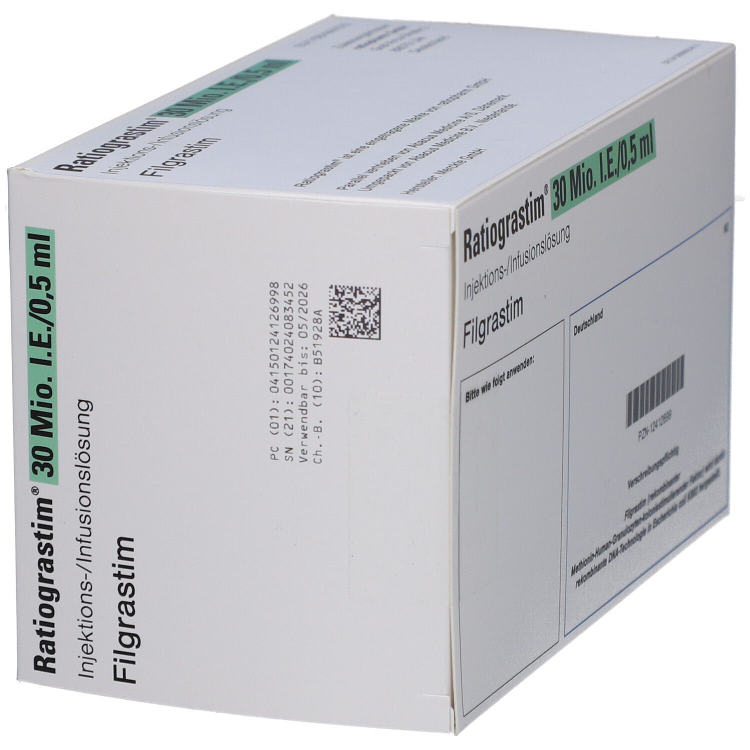 Schräg gestellte Verpackung Ratiograstim 30 Mio.I.E./0,5 ml. Filgrastim. Text auf Deutsch. Barcode. Weiß, blau und grün.