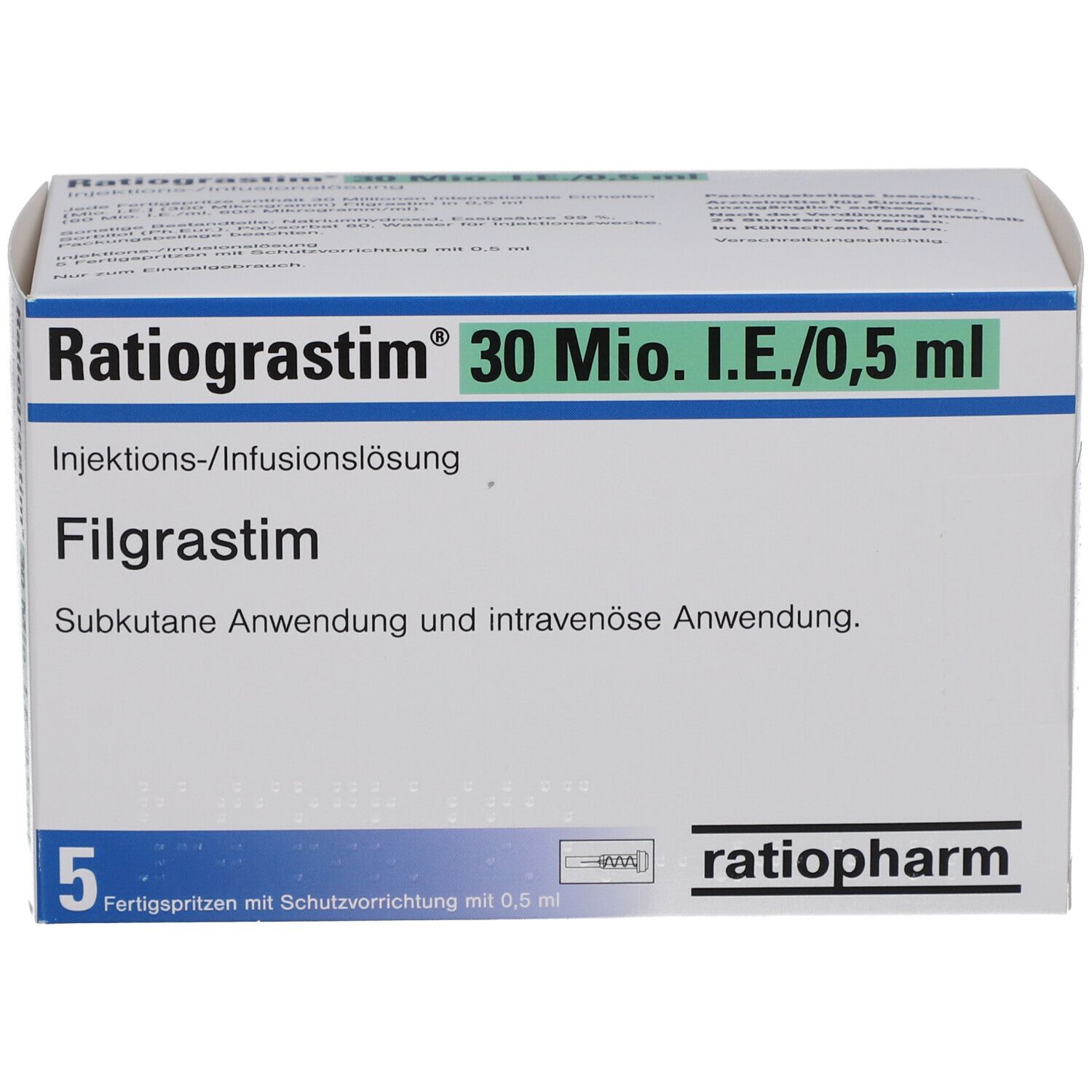 Verpackung Ratiograstim 30 Mio.I.E./0,5 ml. Filgrastim. 5 Fertigspritzen. Weiß, blau und grün. Text auf Deutsch.