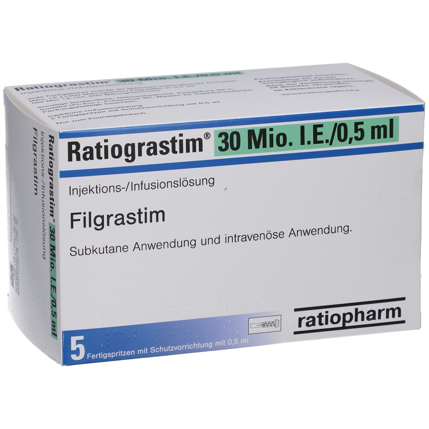 Schräg gestellte Verpackung Ratiograstim 30 Mio.I.E./0,5 ml. Filgrastim. 5 Fertigspritzen. Weiß, blau und grün. Text auf Deutsch.