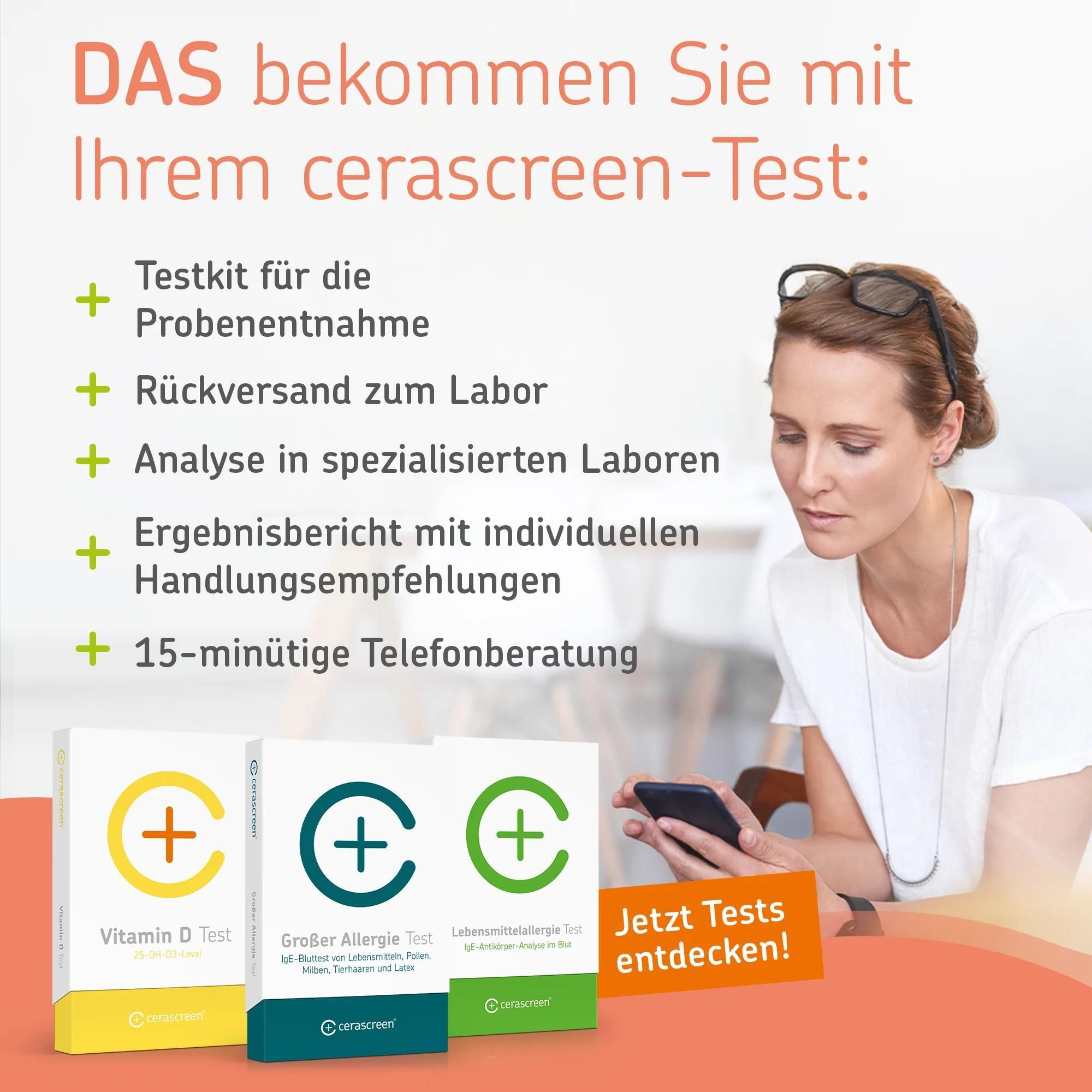 Frau mit Smartphone, daneben Test-Verpackungen. Text: Was Sie mit Ihrem Cerascreen-Test bekommen.