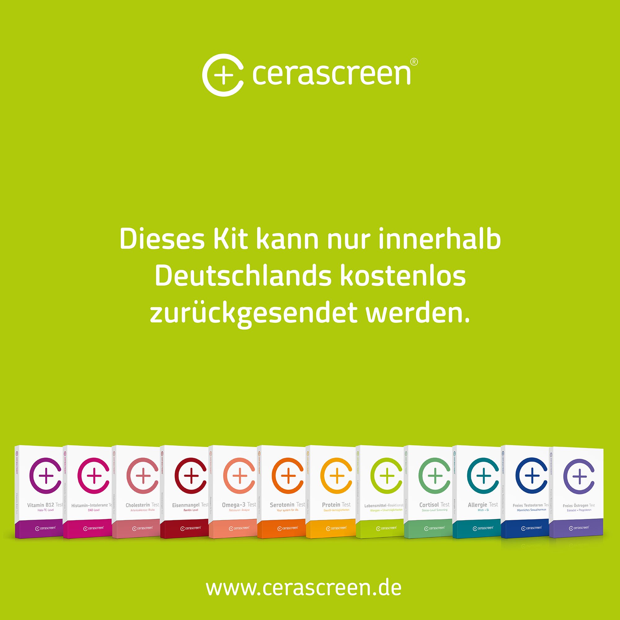Verschiedene Cerascreen-Tests in bunten Verpackungen. Text: Dieses Kit kann nur innerhalb Deutschlands kostenlos zurückgesendet werden.