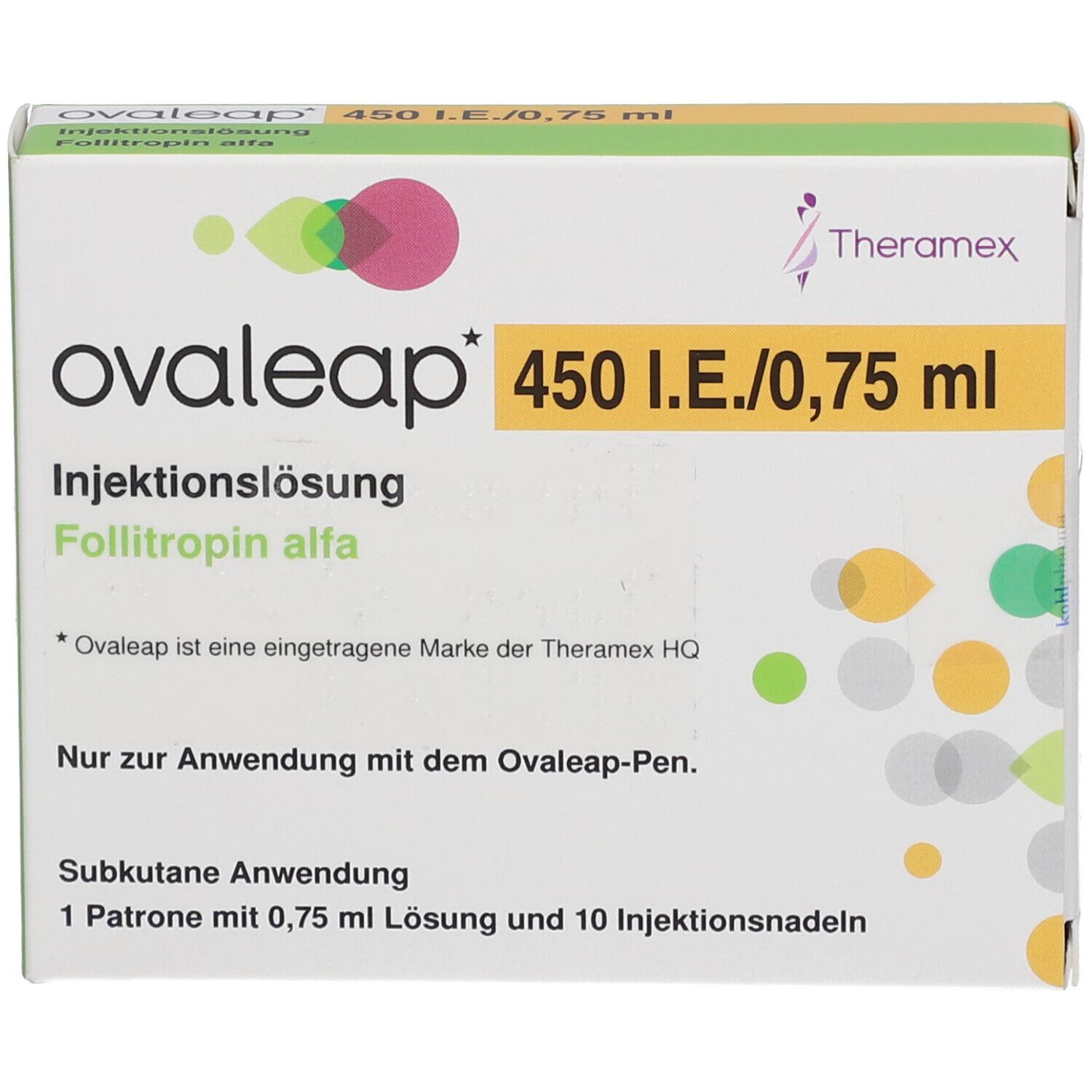 Ovaleap 450 I.E./0,75 ml Injektionslösung mit Follitropin alfa. Enthält 1 Patrone und 10 Injektionsnadeln.