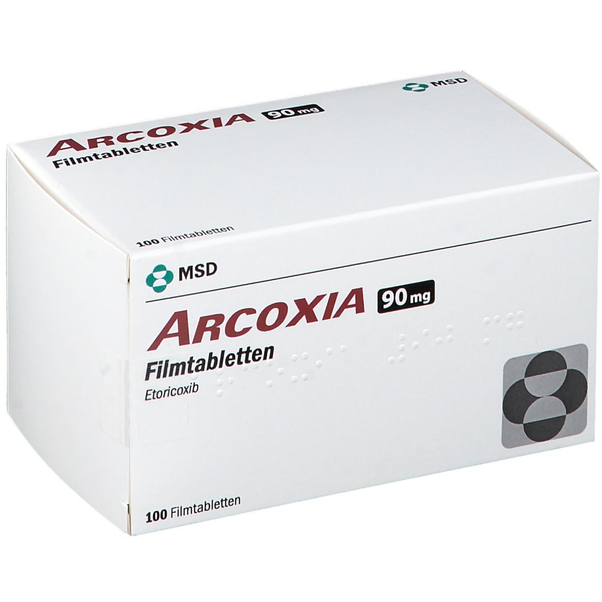 Weiße Schachtel mit roter und schwarzer Aufschrift ARCOXIA 90 mg Filmtabletten. MSD-Logo. 100 Filmtabletten.