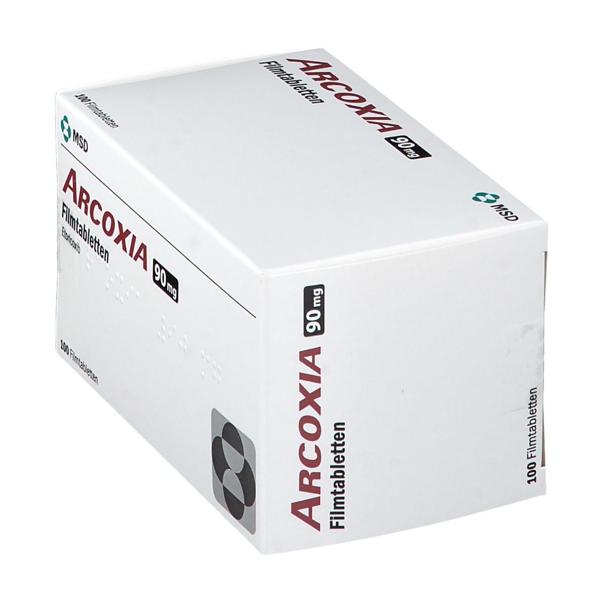 Weiße Schachtel mit roter und schwarzer Aufschrift ARCOXIA 90 mg Filmtabletten. MSD-Logo. 100 Filmtabletten.