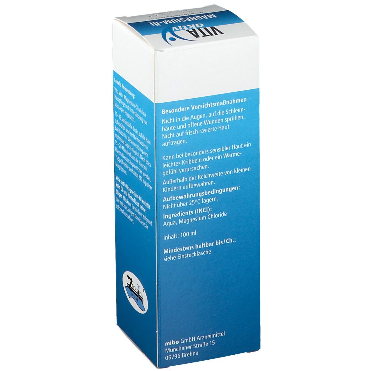 Blaue und weiße Schachtel mit "VITA aktiv Magnesium-Öl". Text: Besondere Vorsichtsmaßnahmen. Enthält Inhaltsstoffe. 100 ml. Mindestens haltbar bis/Ch.: siehe Einzelverpackung.