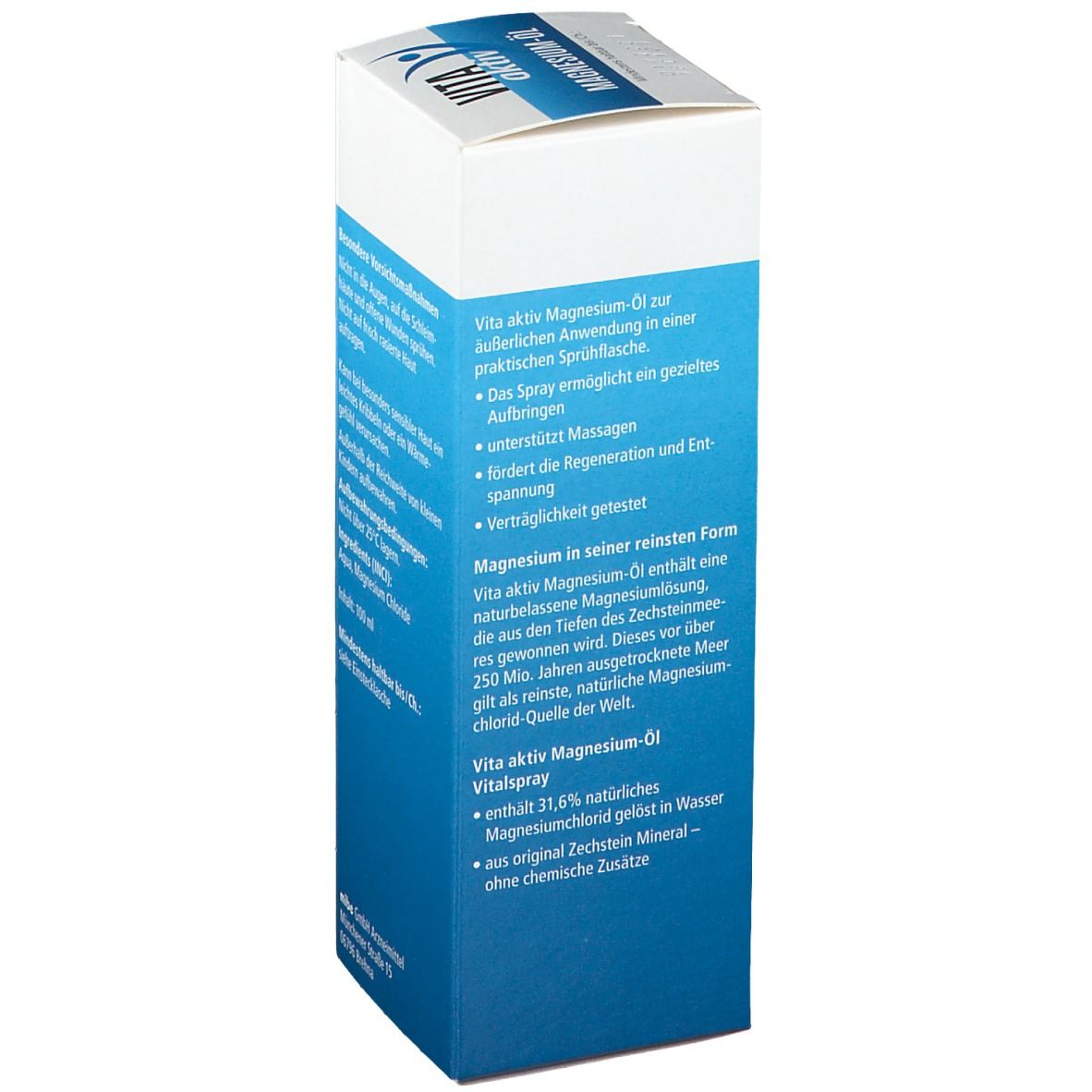 Blaue und weiße Schachtel mit "VITA aktiv Magnesium-Öl". Text: Anwendung in praktischer Sprühflasche. Enthält 31,6% natürliches Magnesiumchlorid. Aus original Zechstein Mineral.