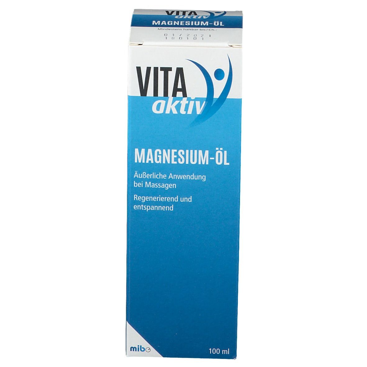 Weiße und blaue Schachtel mit "VITA aktiv Magnesium-Öl". Text: Äußerliche Anwendung bei Massagen. Regenerierend und entspannend. 100 ml.