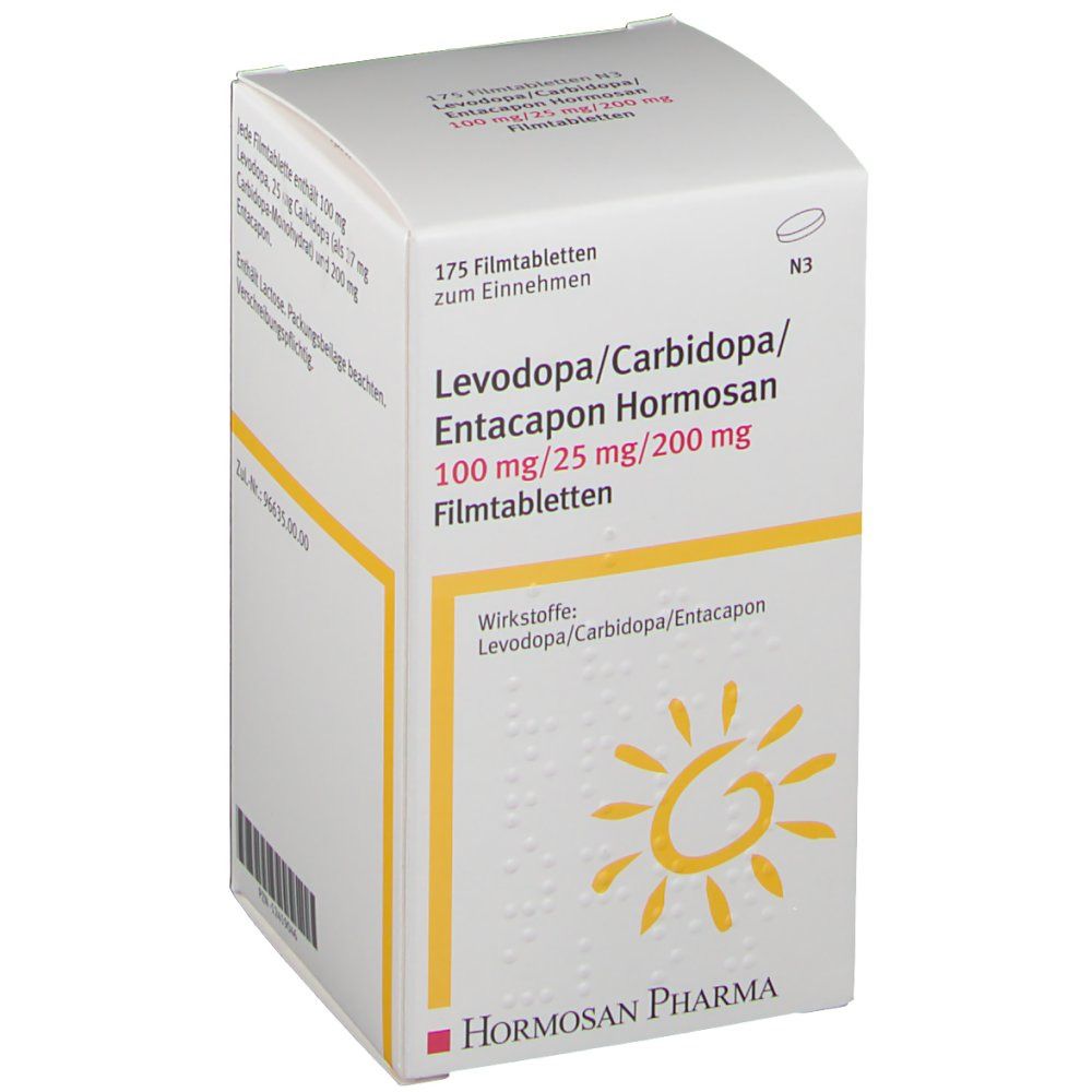 Weiße Faltschachtel mit Aufschrift Levodopa/Carbidopa/Entacapon Hormosan 100 mg/25 mg/200 mg. Logo: Sonne.