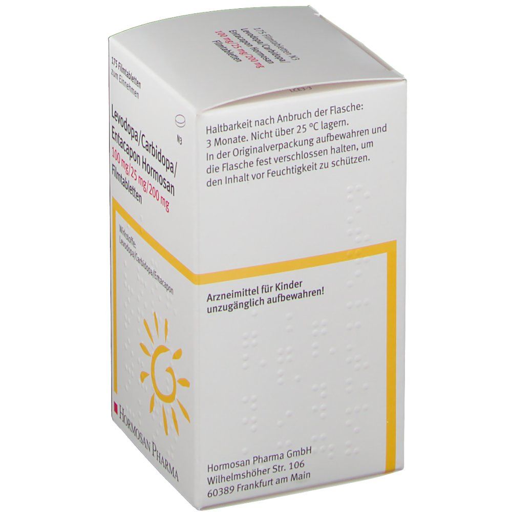 Weiße Faltschachtel mit Text und Logo: Sonne. Aufschrift: Levodopa/Carbidopa/Entacapon Hormosan. Hersteller: Hormosan Pharma.