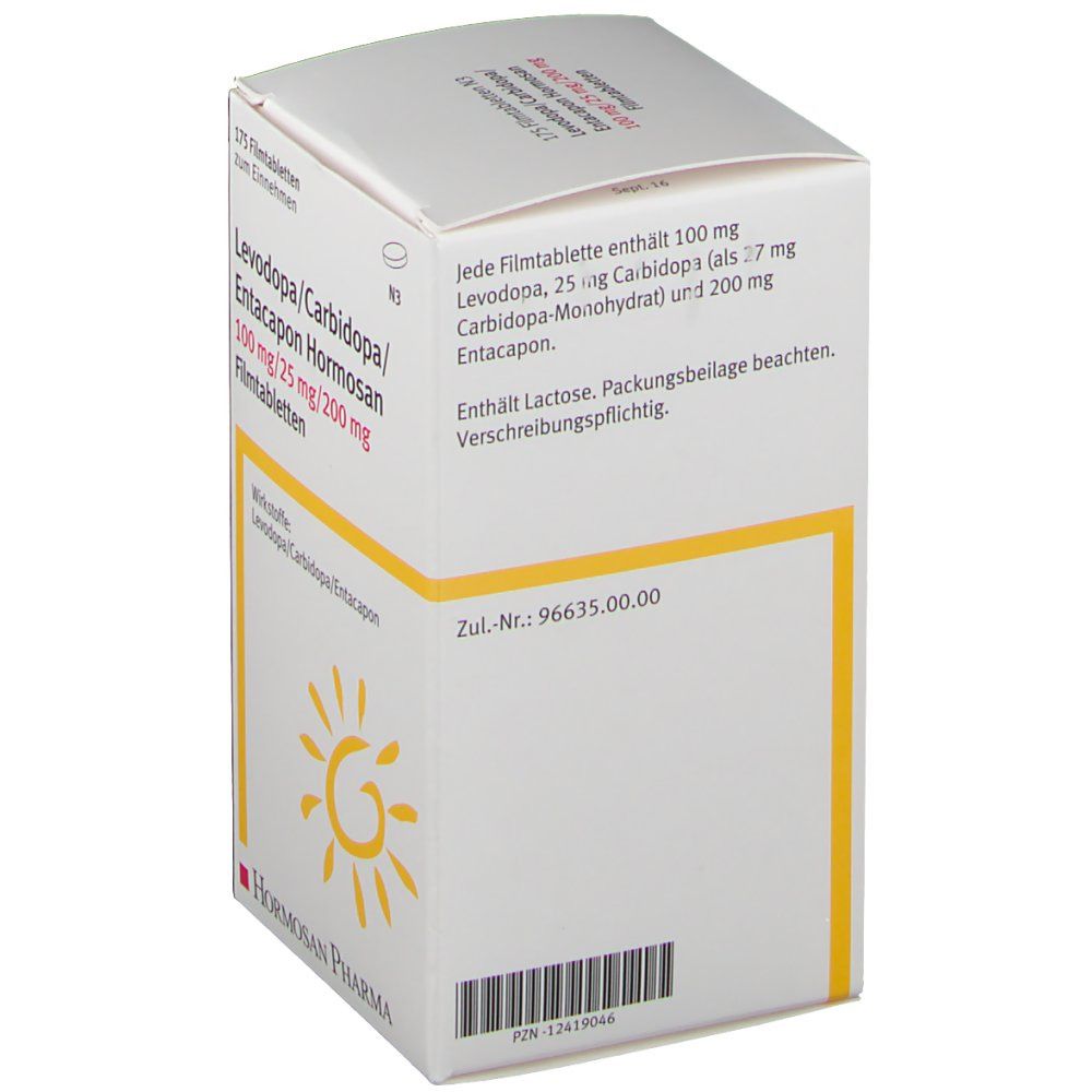 Weiße Faltschachtel mit Text. Aufschrift: Levodopa/Carbidopa/Entacapon Hormosan 100 mg/25 mg/200 mg. Logo: Sonne. Hersteller: Hormosan Pharma.