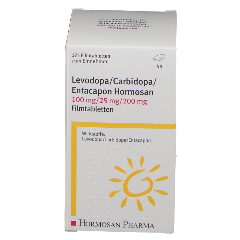 Weiße Faltschachtel mit Aufschrift Levodopa/Carbidopa/Entacapon Hormosan 100 mg/25 mg/200 mg. Logo: Sonne. Packung mit 175 Filmtabletten.