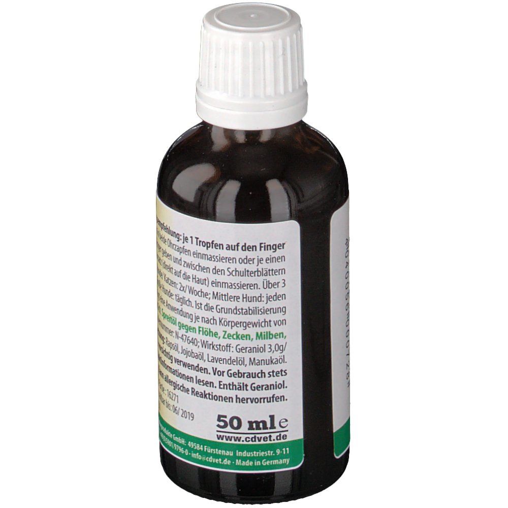 Schrägansicht der braunen Glasflasche mit weißem Deckel. Gelbes Etikett mit Text. Text: Anwendung, 50 ml, Enthält Geraniol.