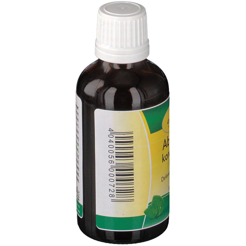 Schrägansicht der braunen Glasflasche mit weißem Deckel. Etikett mit Barcode und Text. Text: Abwehrkonzentrat mild.