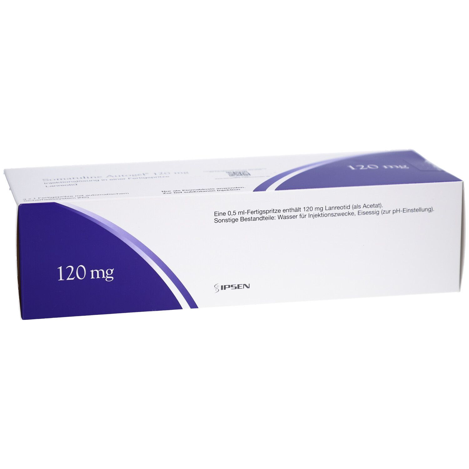 Weiße Schachtel mit blauer Grafik und Aufschrift 120 mg. Text in Deutsch. IPSEN-Logo.