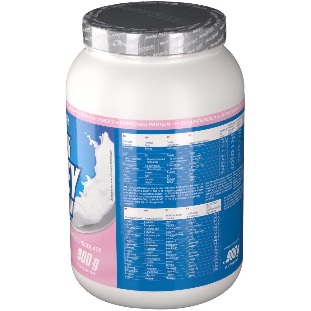 Rückseite des weißen Proteinpulver-Behälters. Blaue Etikett mit Nährwertangaben und Inhaltsstoffen. 900g. Glutenfrei.