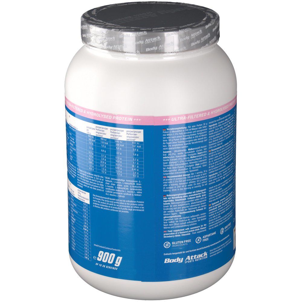 Rückseite des weißen Proteinpulver-Behälters. Blaues Etikett mit Nährwertangaben und Inhaltsstoffen. 900g. Glutenfrei.