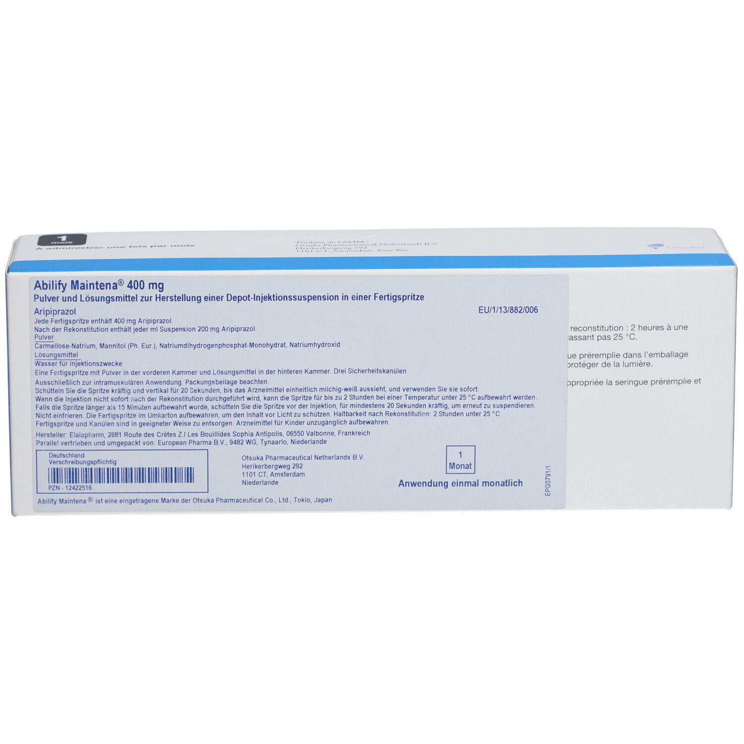 Rückseite der Produktverpackung. Enthält Text in mehreren Sprachen, einschließlich Anweisungen und Informationen.