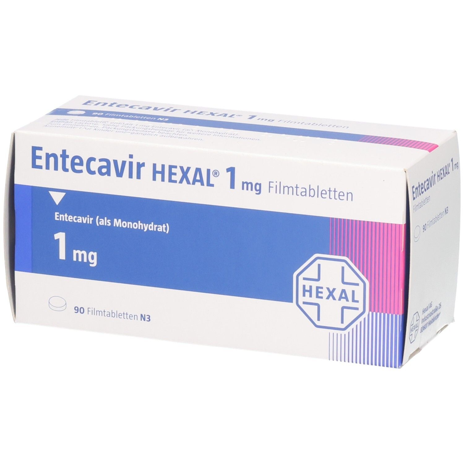Schachtel mit Entecavir HEXAL 1 mg Filmtabletten. Blaue und rosa Akzente. HEXAL-Logo.