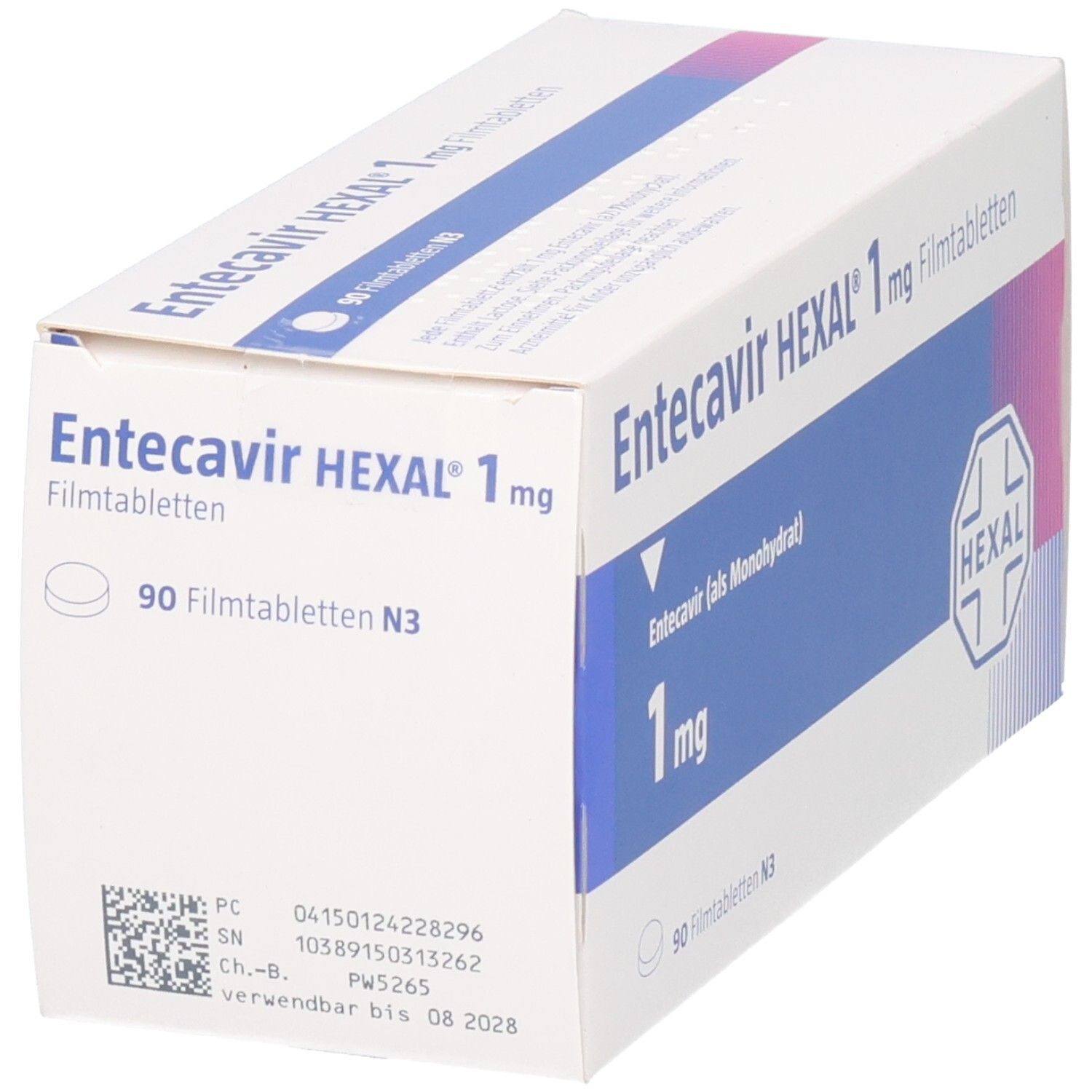 Schachtel Entecavir HEXAL 1 mg Filmtabletten. 90 Tabletten. Barcode und Verfallsdatum.
