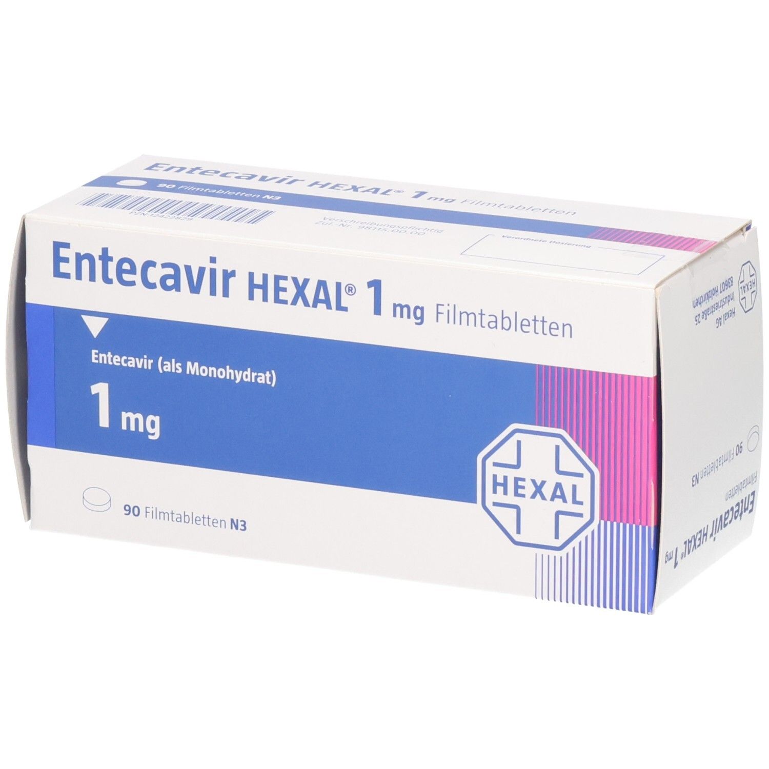 Schachtel mit Entecavir HEXAL 1 mg Filmtabletten. Blaue und rosa Akzente. HEXAL-Logo.