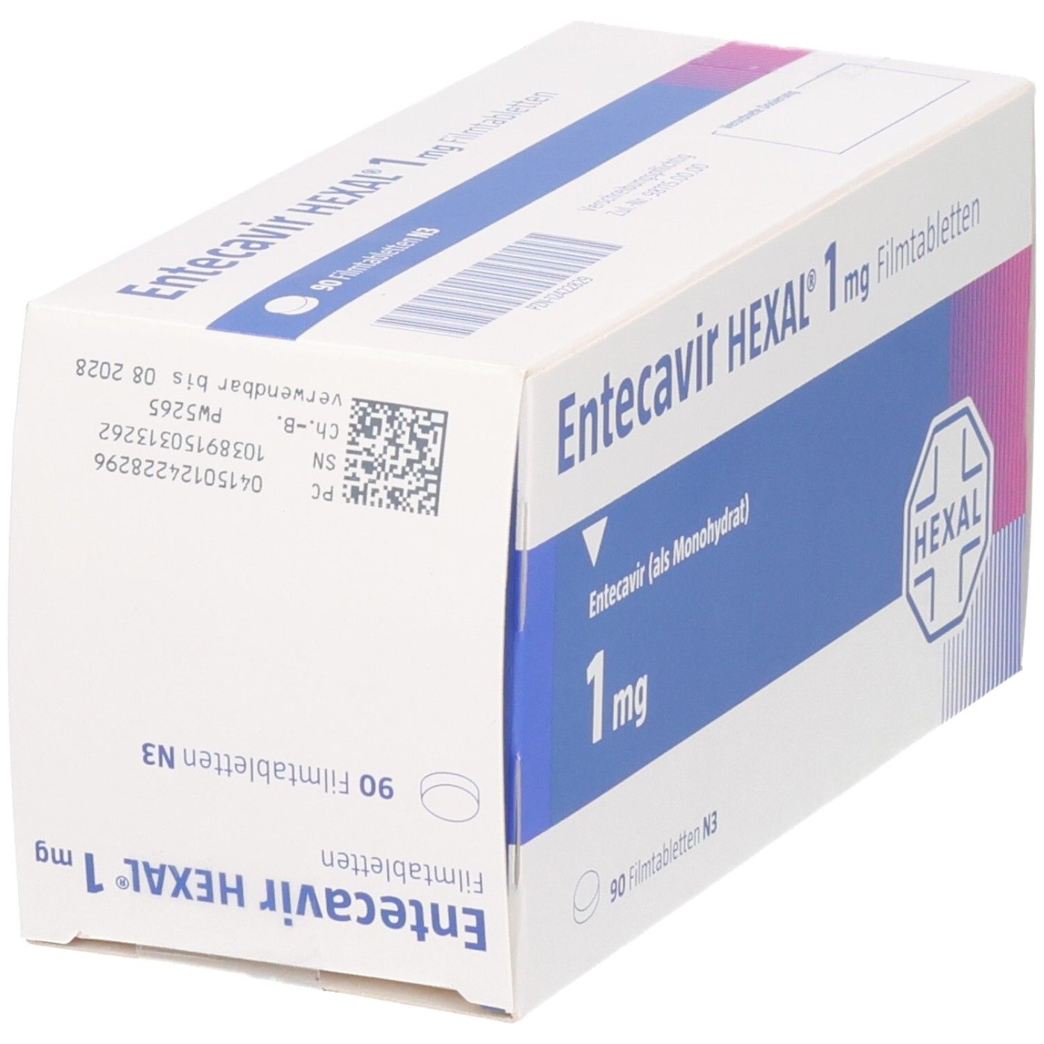 Schachtel Entecavir HEXAL 1 mg Filmtabletten. 90 Tabletten. Barcode und Verfallsdatum.