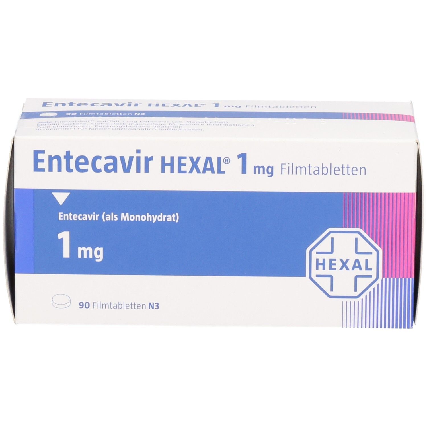 Schachtel mit Entecavir HEXAL 1 mg Filmtabletten. Blaue und rosa Akzente. HEXAL-Logo.