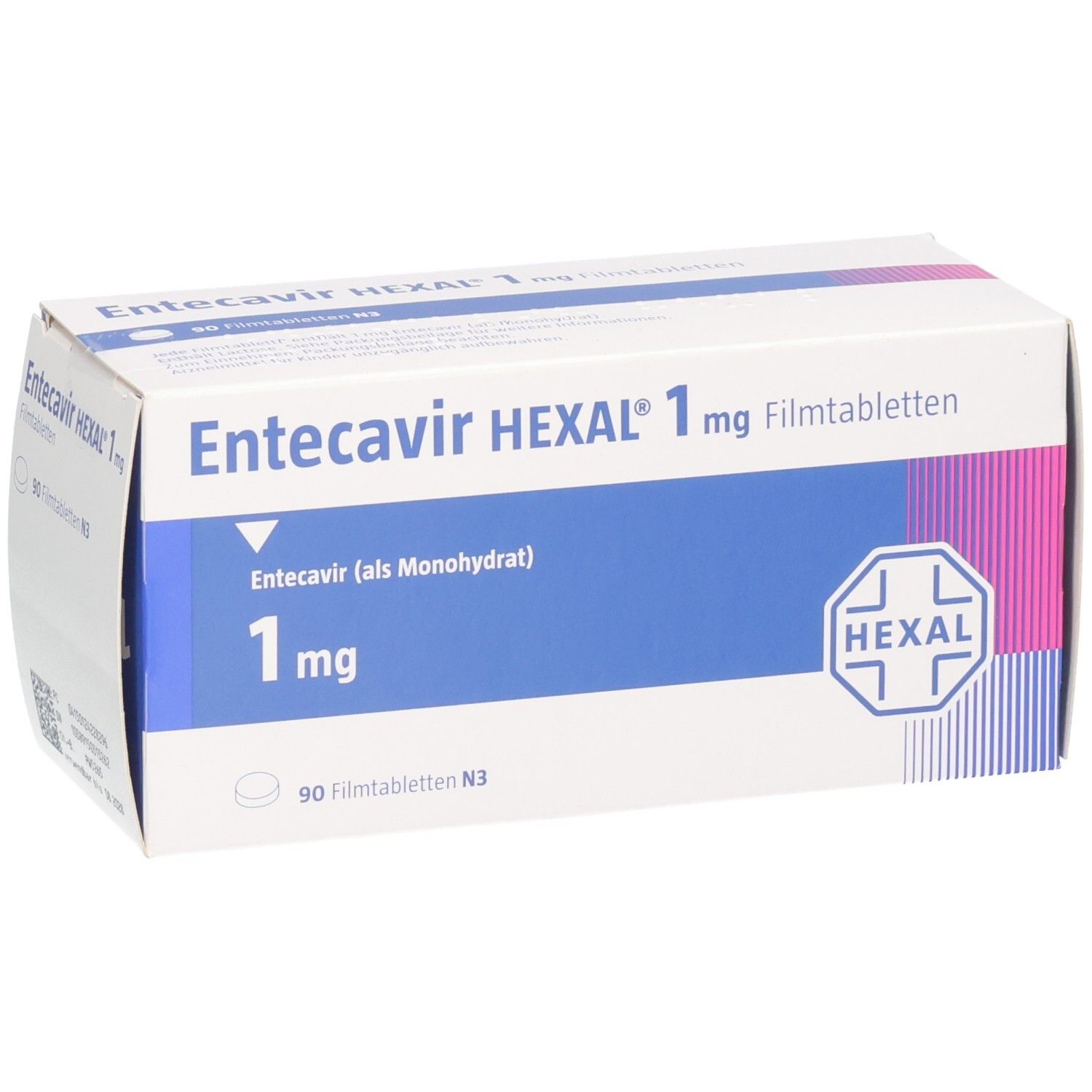 Schachtel mit Entecavir HEXAL 1 mg Filmtabletten. Blaue und rosa Akzente. HEXAL-Logo.