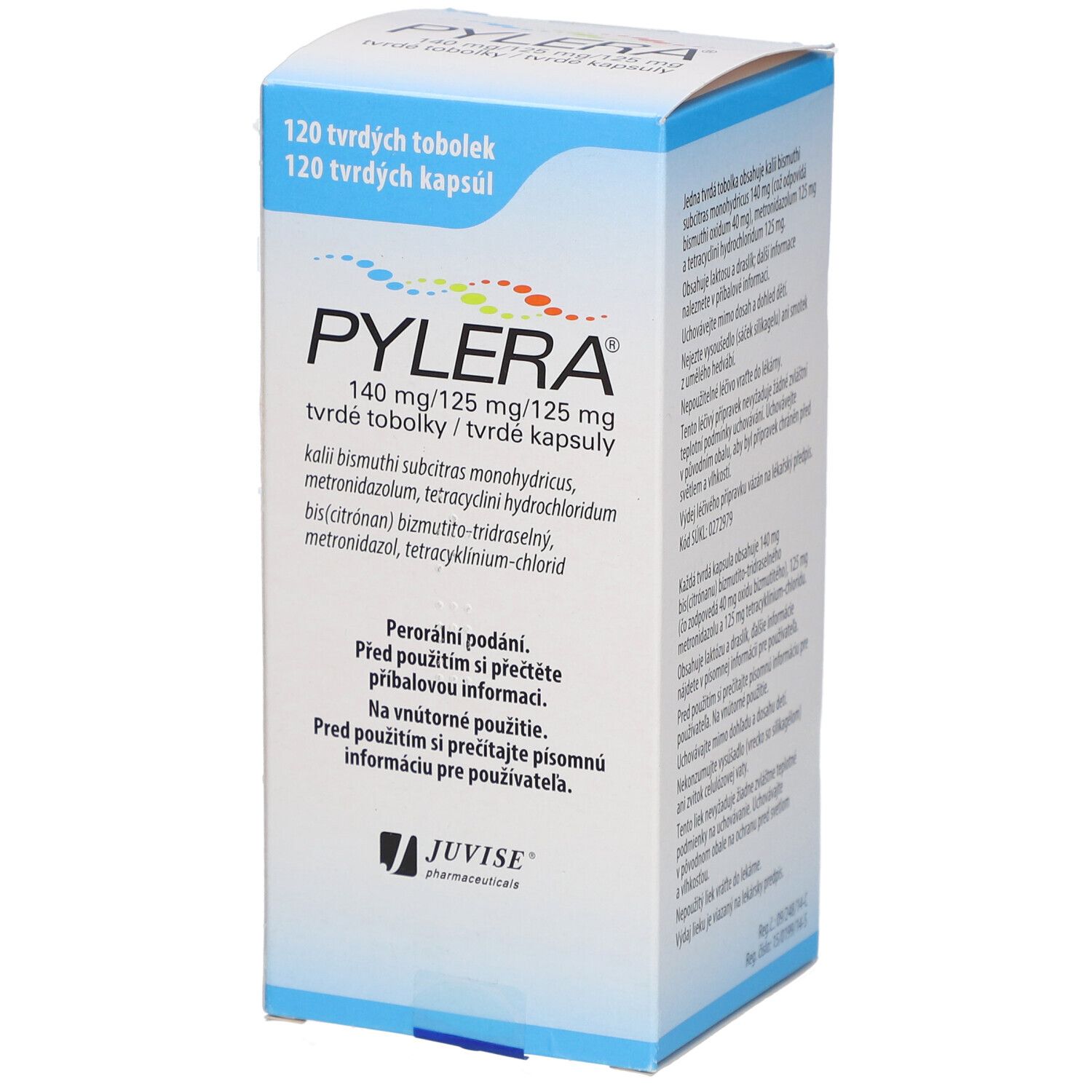 Pylera-Verpackung. 120 Kapseln. Aufschrift: 140 mg/125 mg/125 mg. Hersteller: JUVİSE Pharmaceuticals.