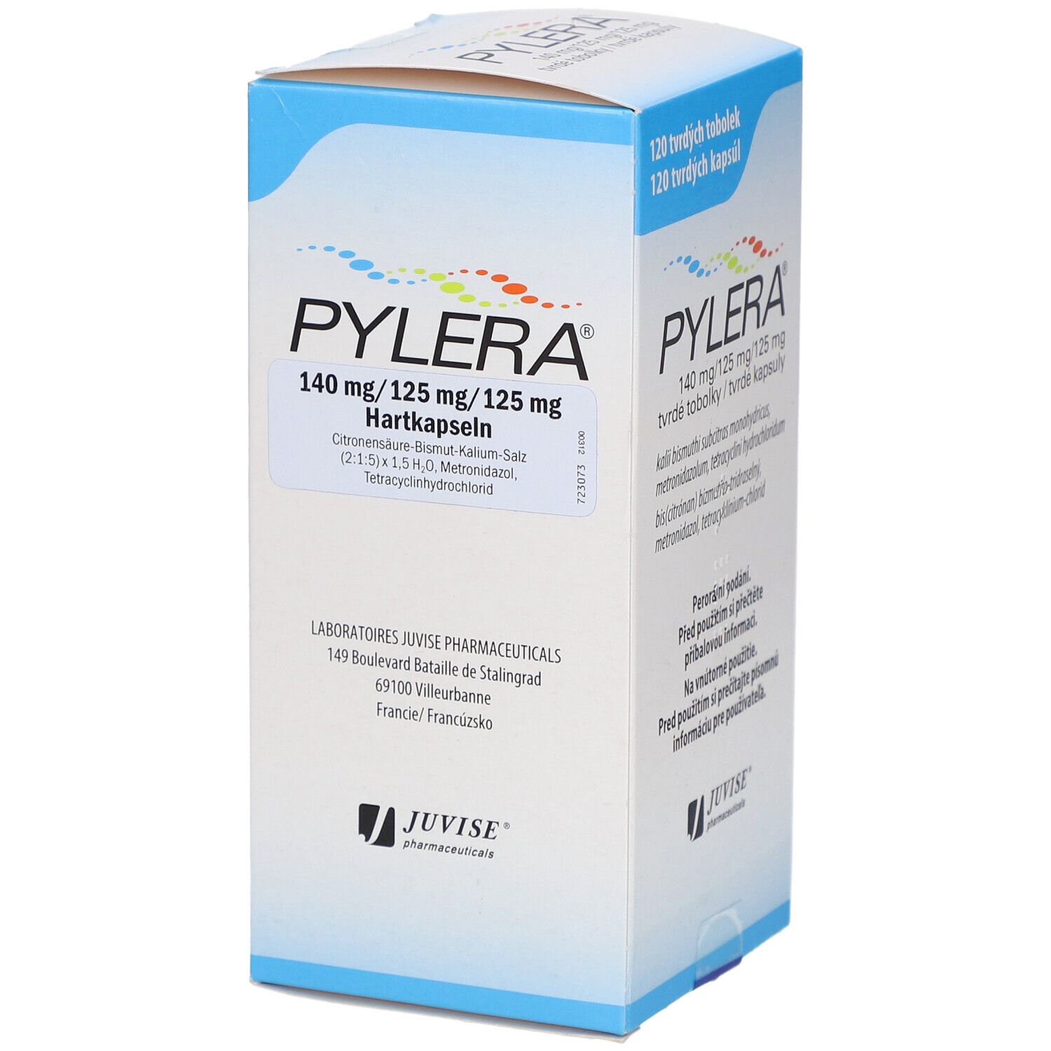 Pylera-Verpackung. 120 Kapseln. Aufschrift: 140 mg/125 mg/125 mg. Hersteller: JUVİSE Pharmaceuticals.
