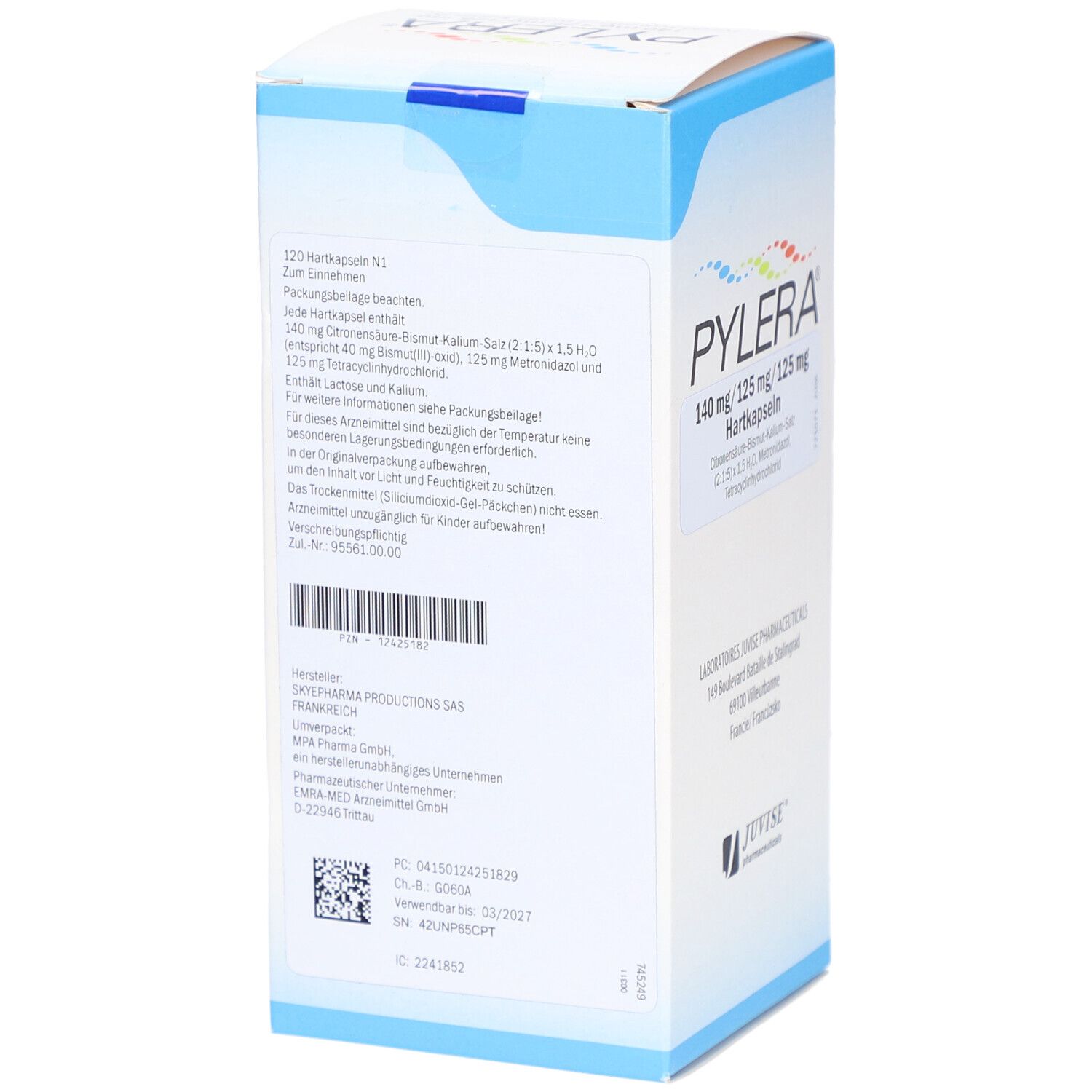 Pylera-Verpackung. 120 Kapseln. Aufschrift: 140 mg/125 mg/125 mg. Hersteller: JUVİSE Pharmaceuticals.