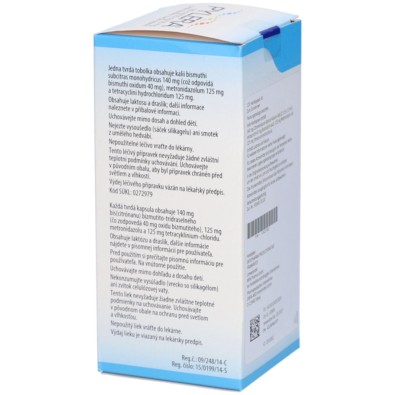 Pylera-Verpackung. 120 Kapseln. Aufschrift: 140 mg/125 mg/125 mg. Hersteller: JUVİSE Pharmaceuticals.
