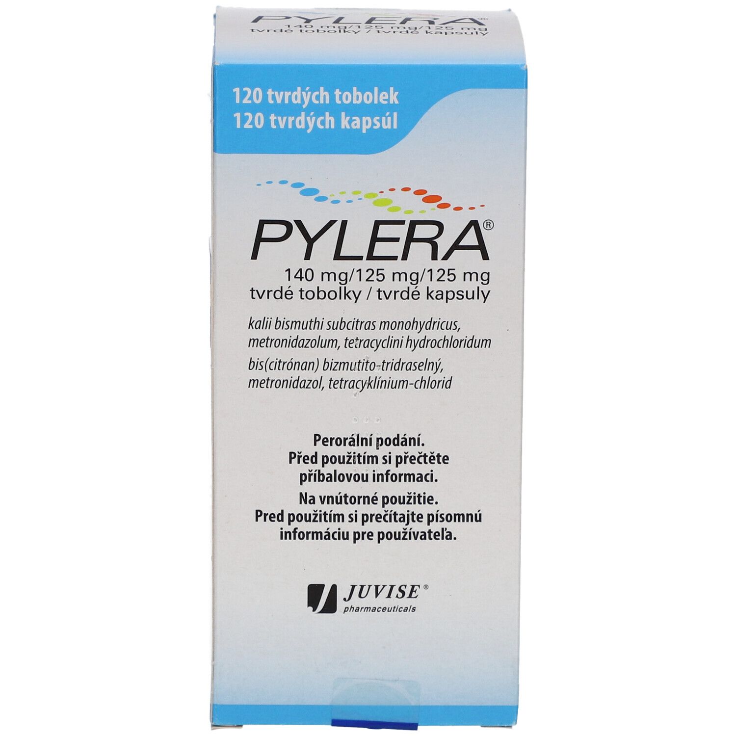 Pylera-Verpackung. 120 Kapseln. Aufschrift: 140 mg/125 mg/125 mg. Hersteller: JUVİSE Pharmaceuticals.